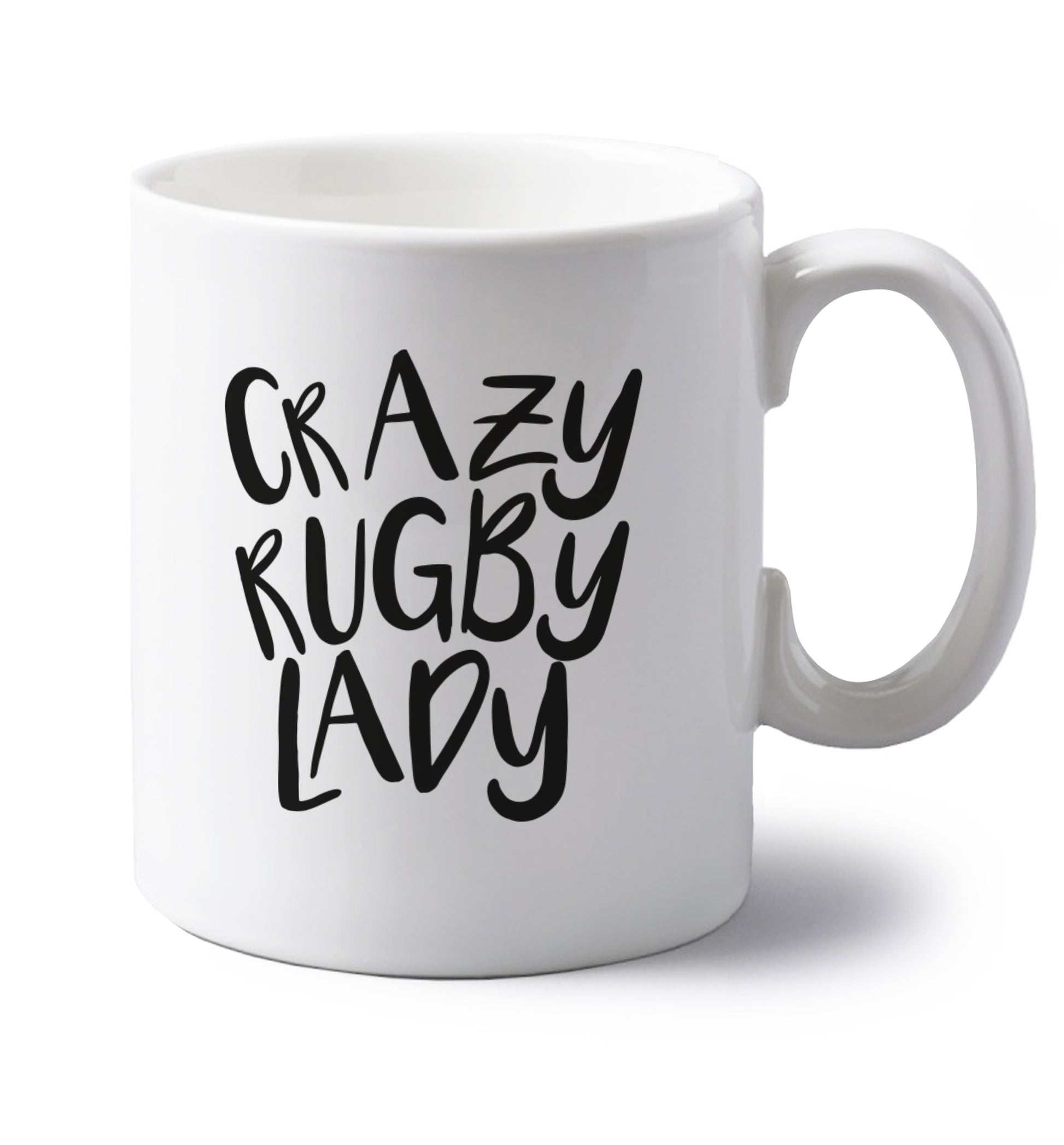 Crazy rugby lady left handed white ceramic mug 