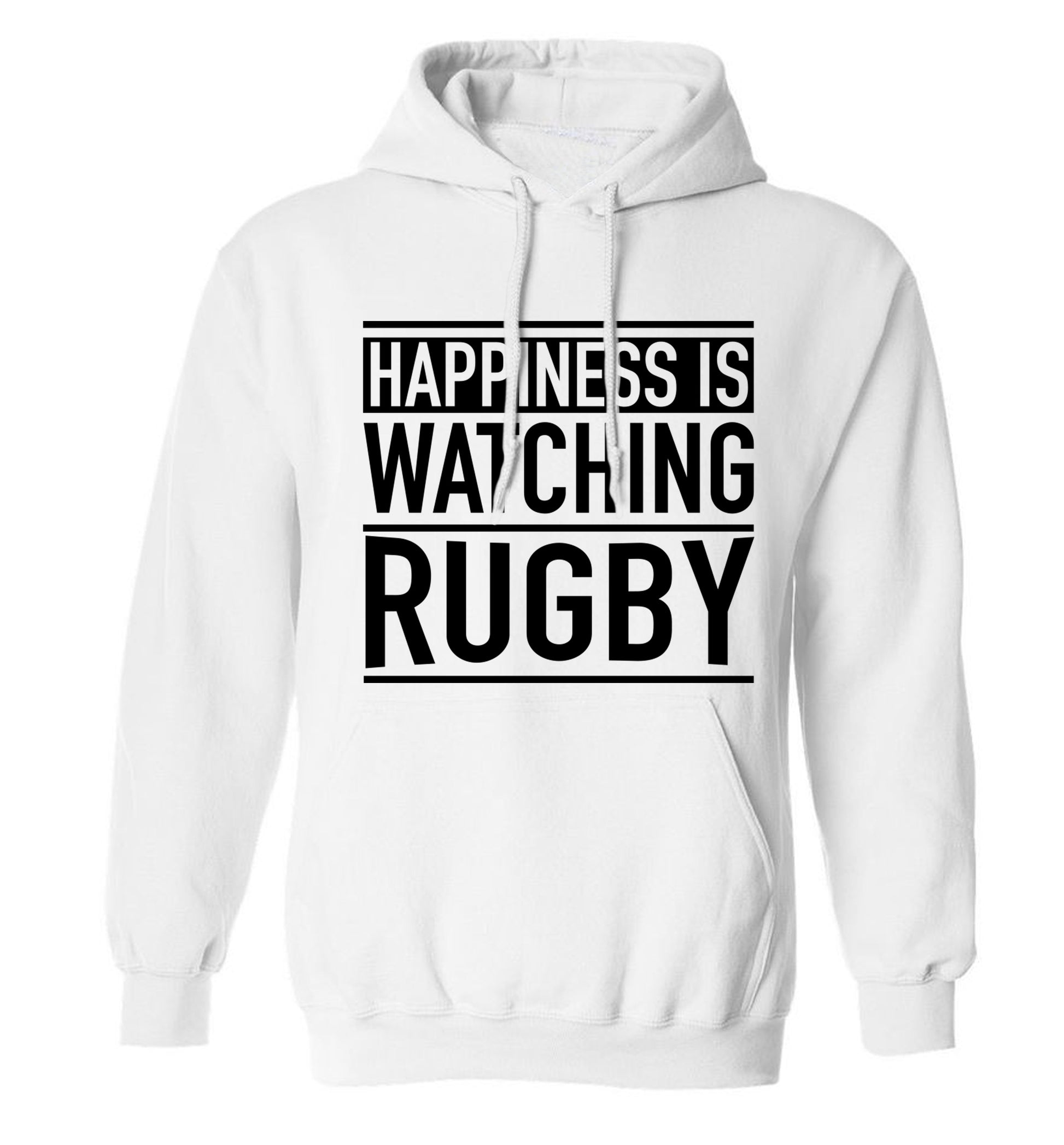 Happiness is watching rugby adults unisex white hoodie 2XL