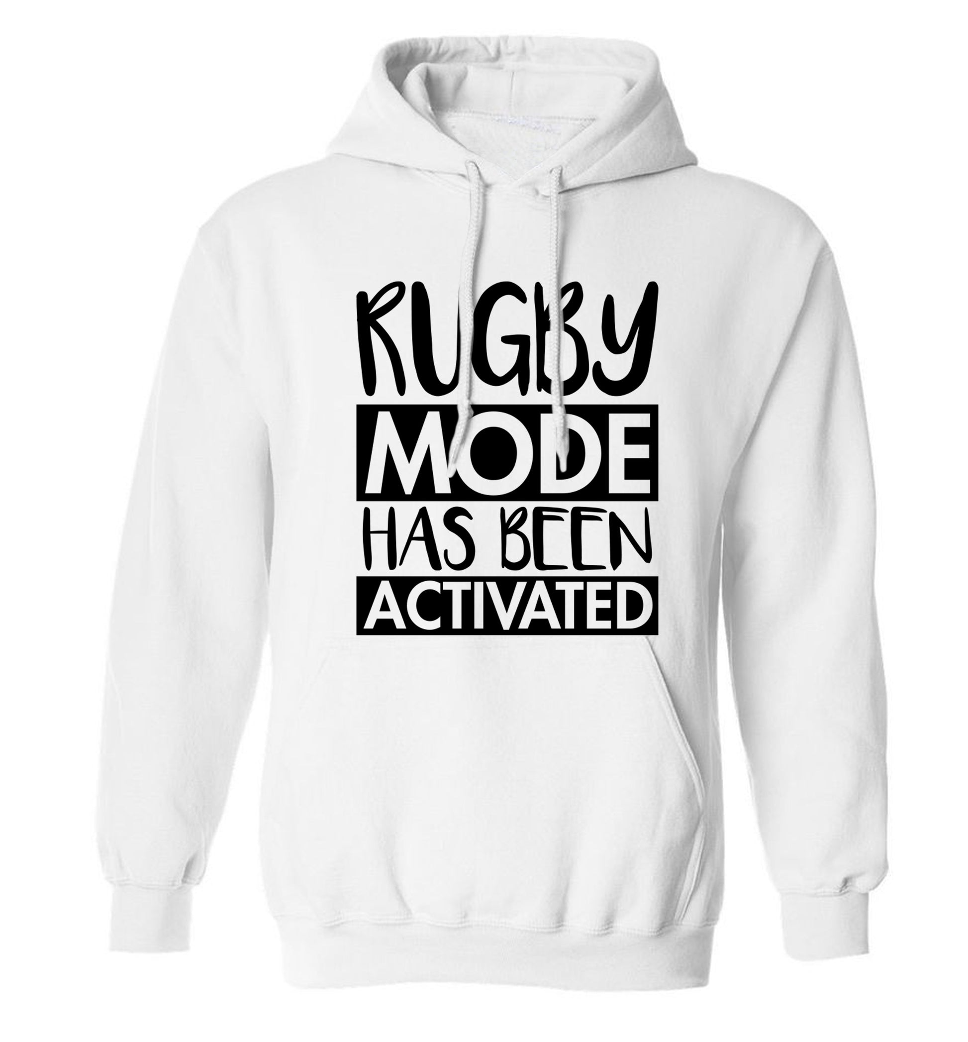 Rugby mode activated adults unisex white hoodie 2XL