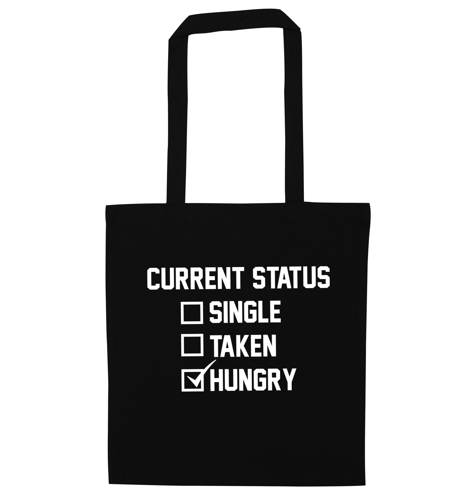 Relationship status single taken hungry black tote bag