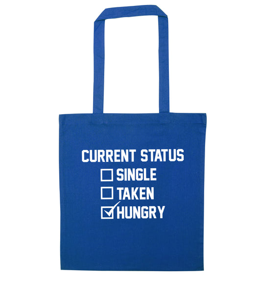 Relationship status single taken hungry blue tote bag