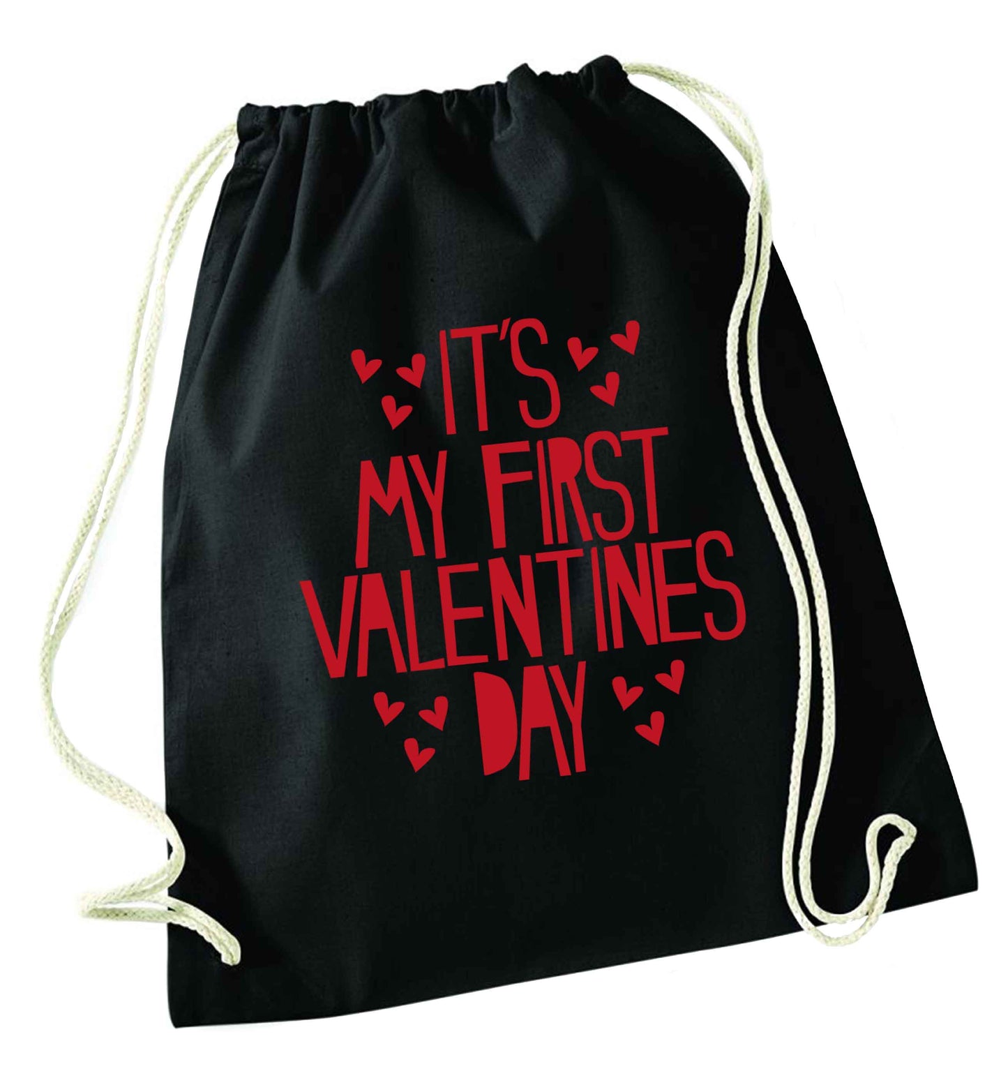 Hearts It's my First Valentine's Day black drawstring bag