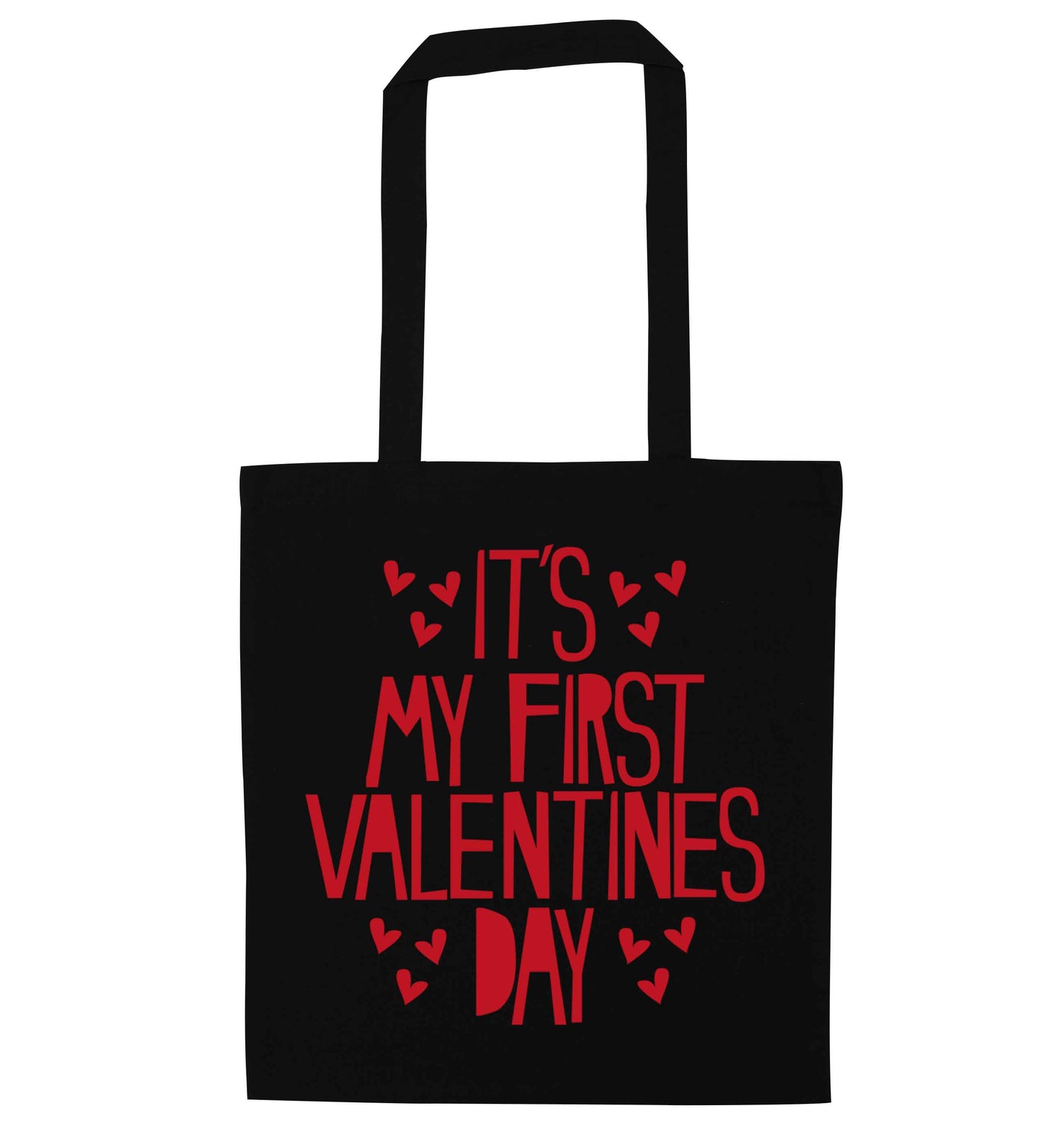 Hearts It's my First Valentine's Day black tote bag