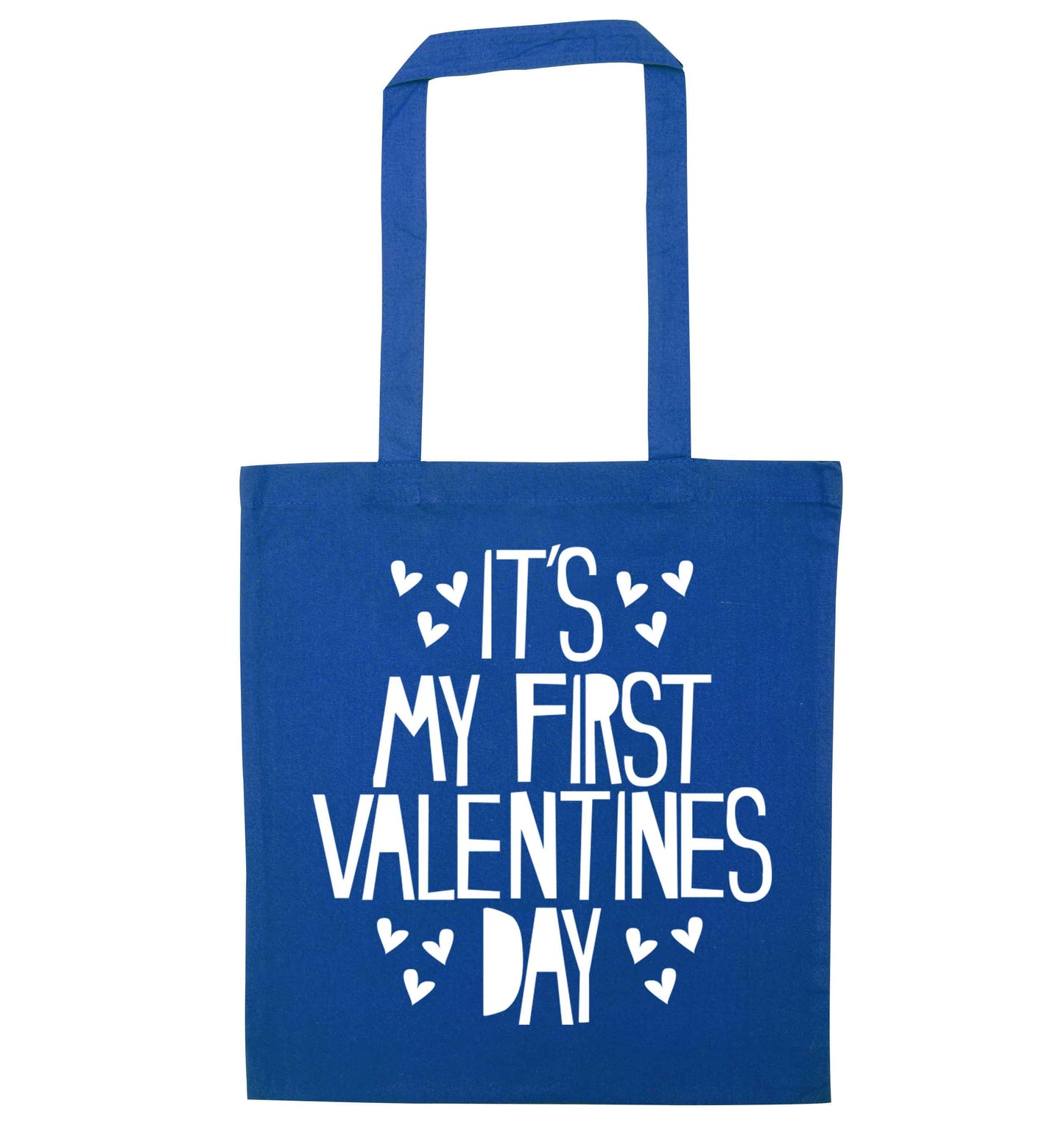Hearts It's my First Valentine's Day blue tote bag