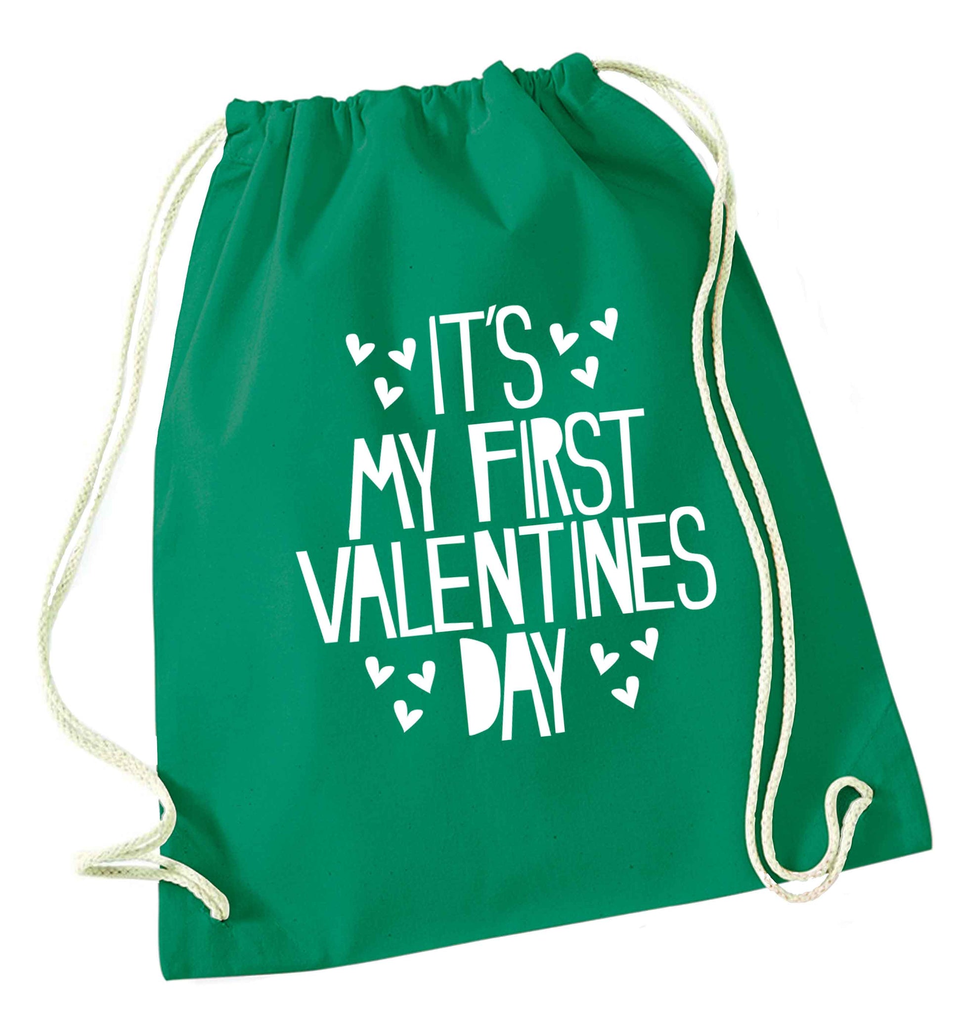 Hearts It's my First Valentine's Day green drawstring bag