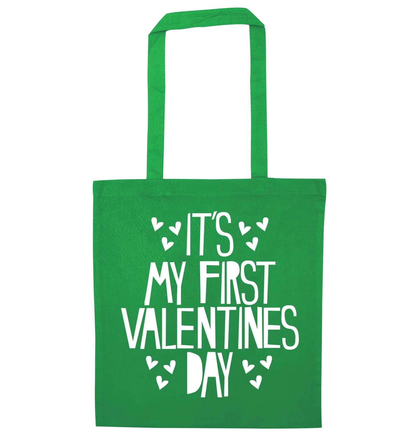 Hearts It's my First Valentine's Day green tote bag