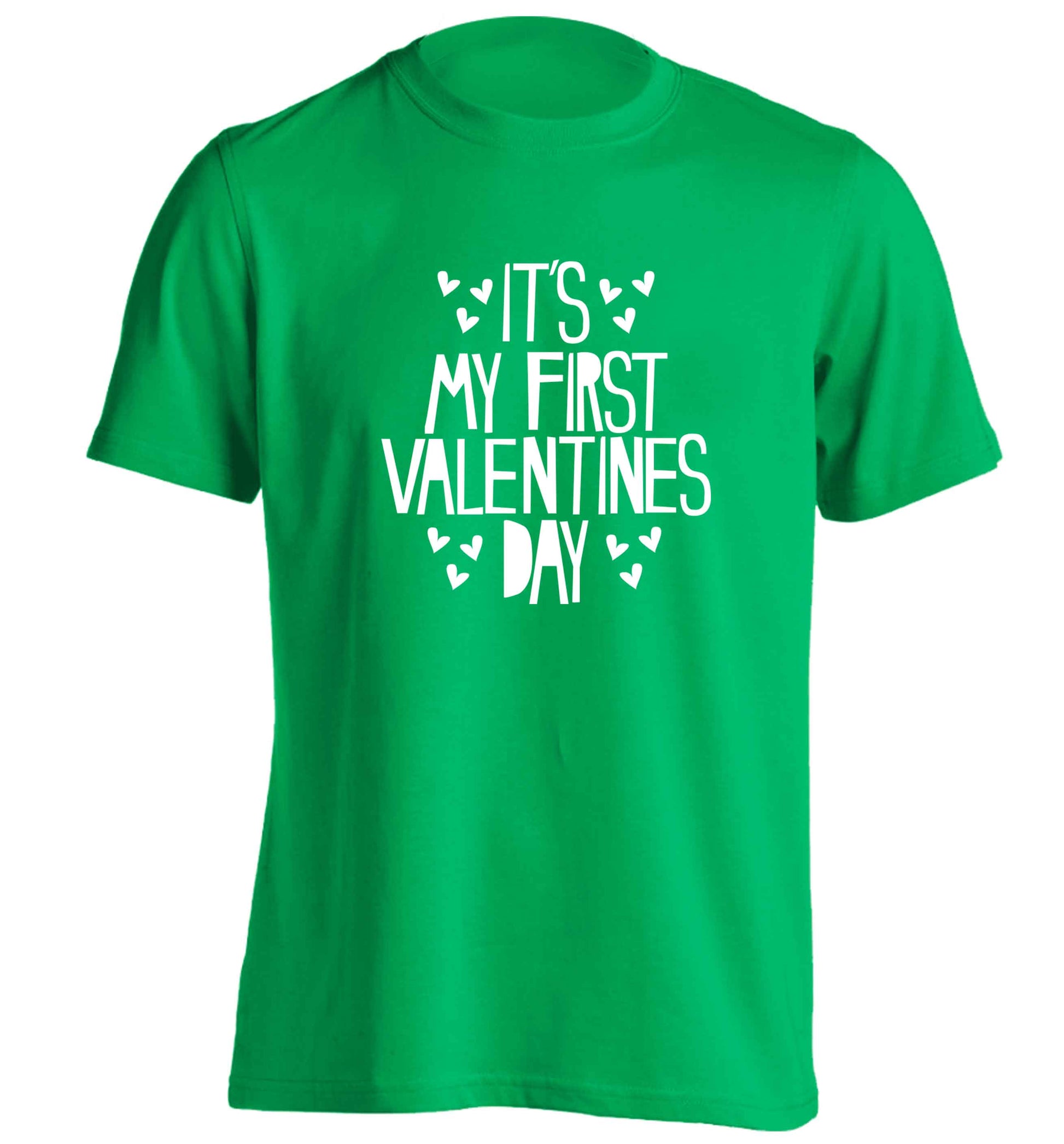 Hearts It's my First Valentine's Day adults unisex green Tshirt 2XL