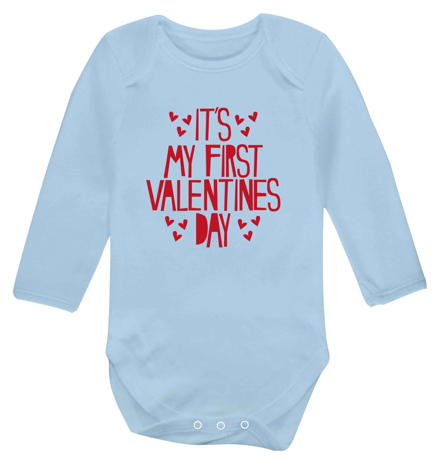 Hearts It's my First Valentine's Day baby vest long sleeved pale blue 6-12 months
