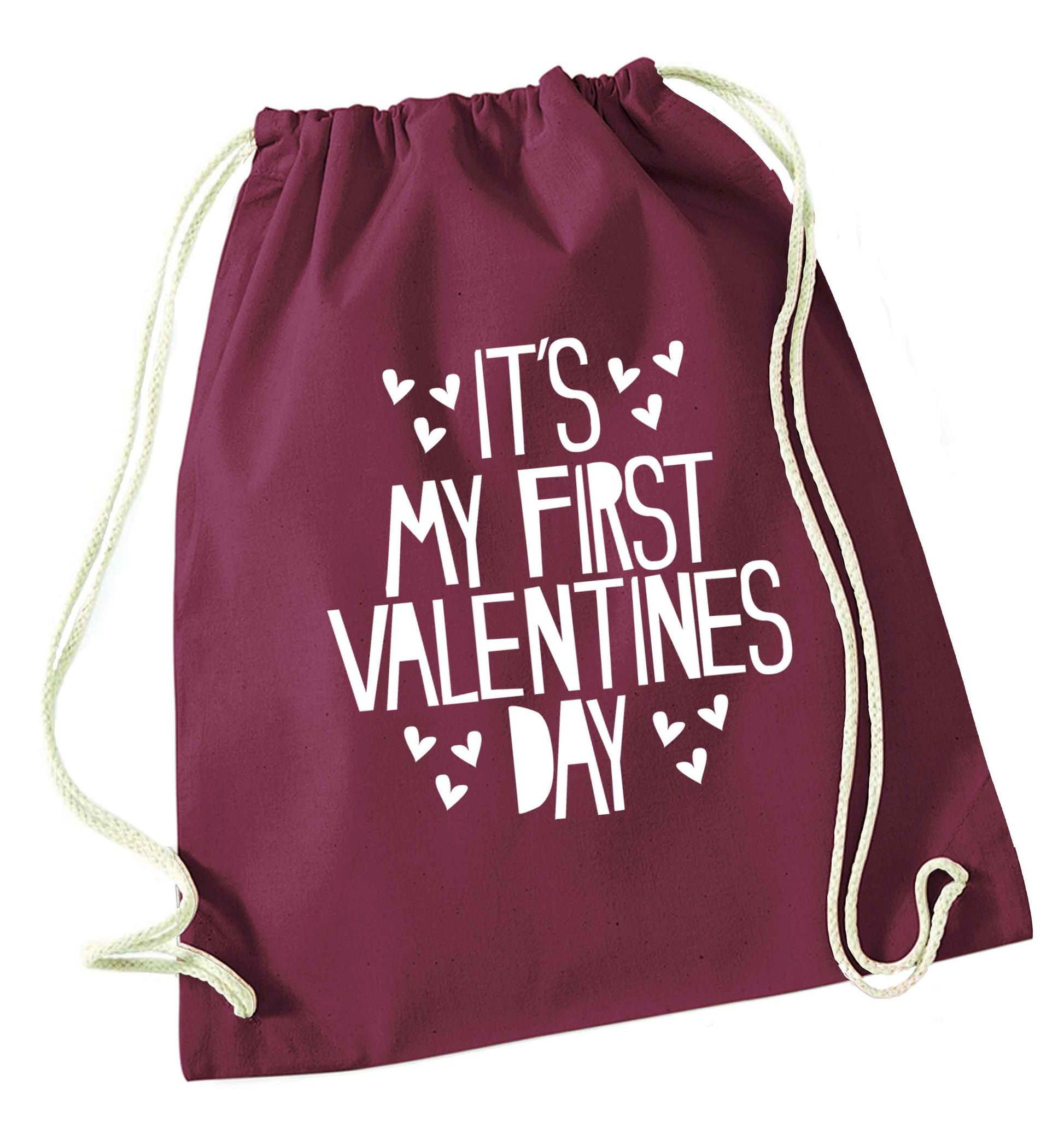 Hearts It's my First Valentine's Day maroon drawstring bag