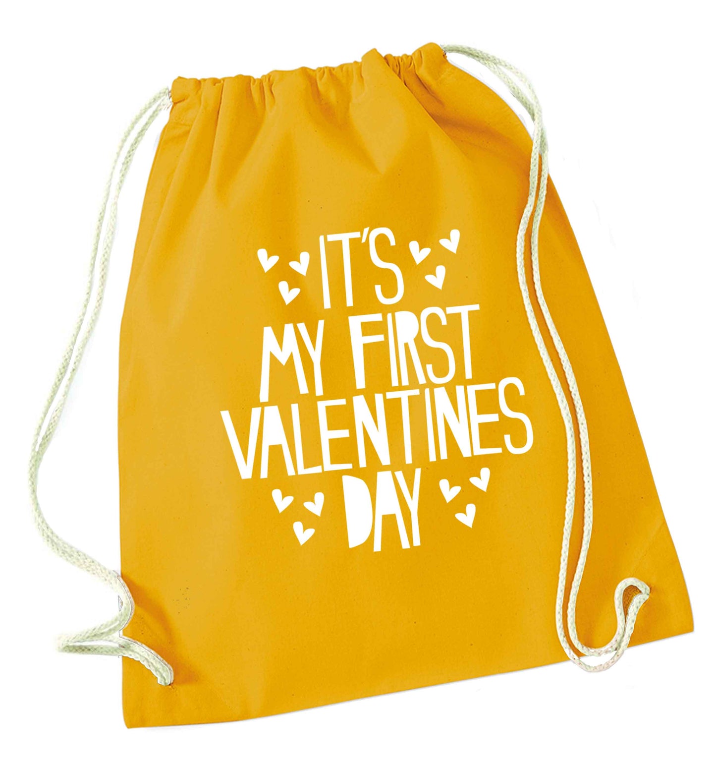 Hearts It's my First Valentine's Day mustard drawstring bag