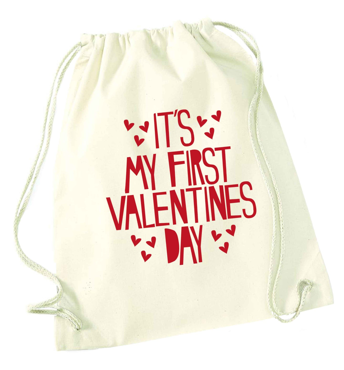 Hearts It's my First Valentine's Day natural drawstring bag