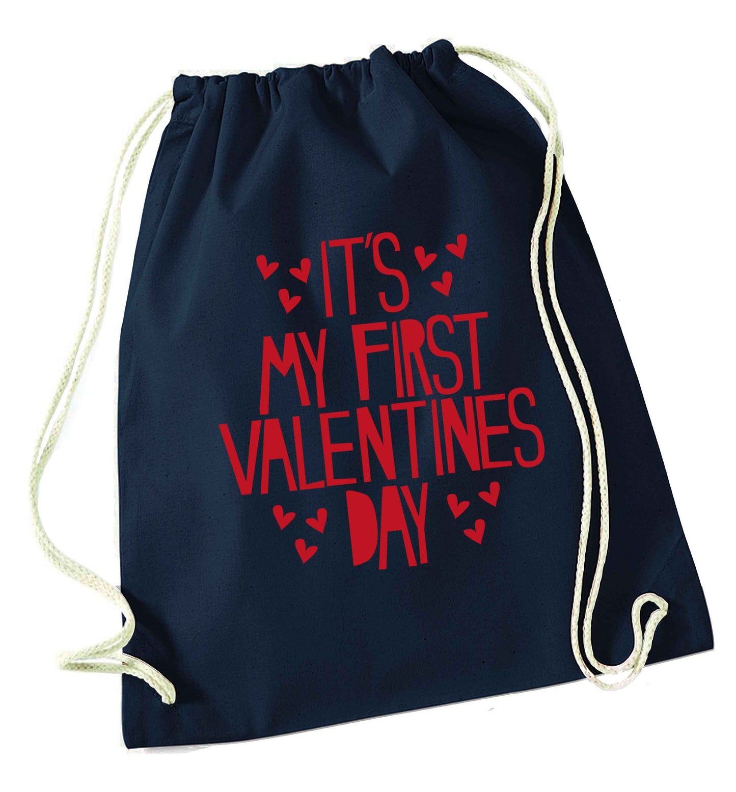 Hearts It's my First Valentine's Day navy drawstring bag