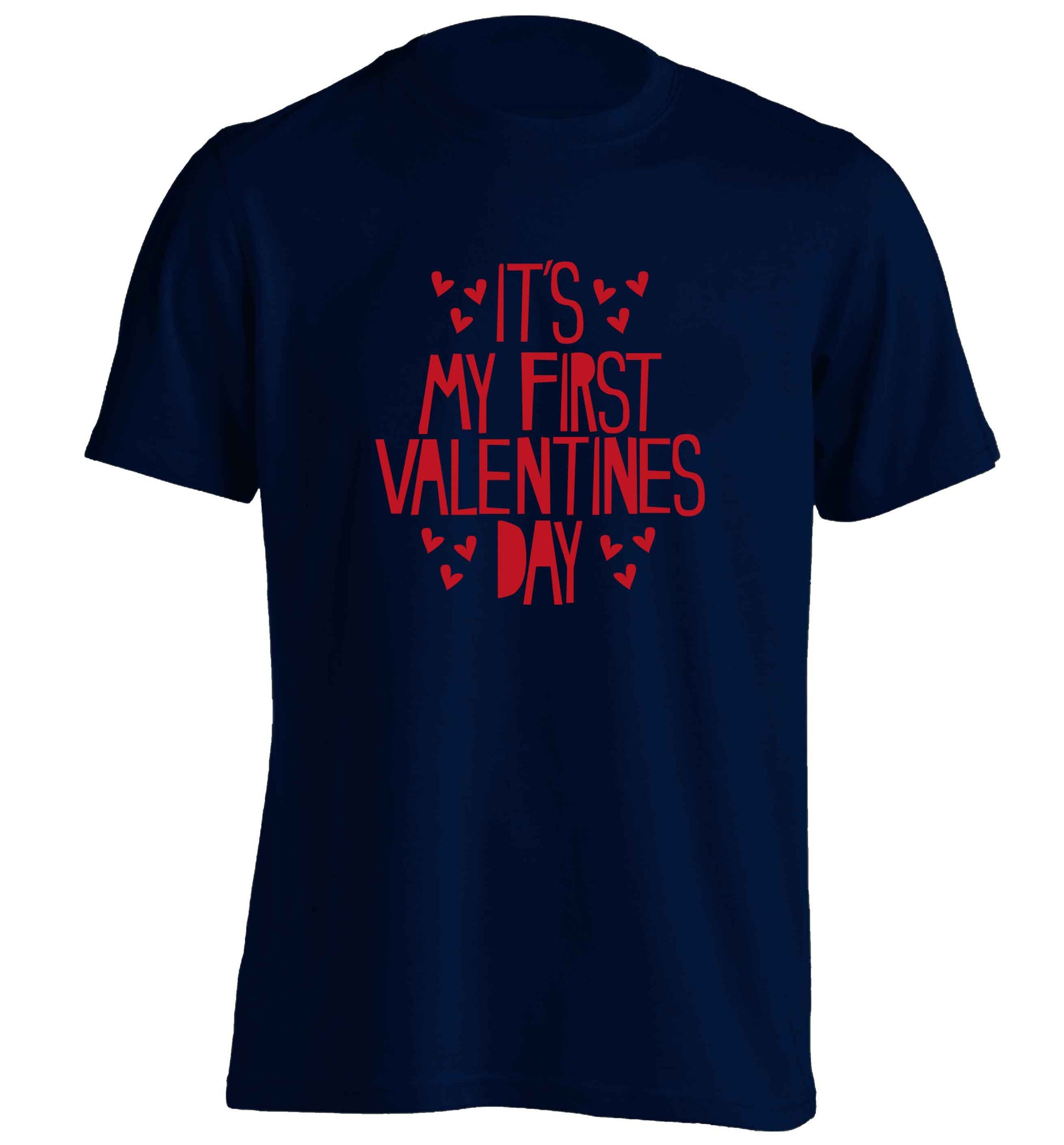 Hearts It's my First Valentine's Day adults unisex navy Tshirt 2XL