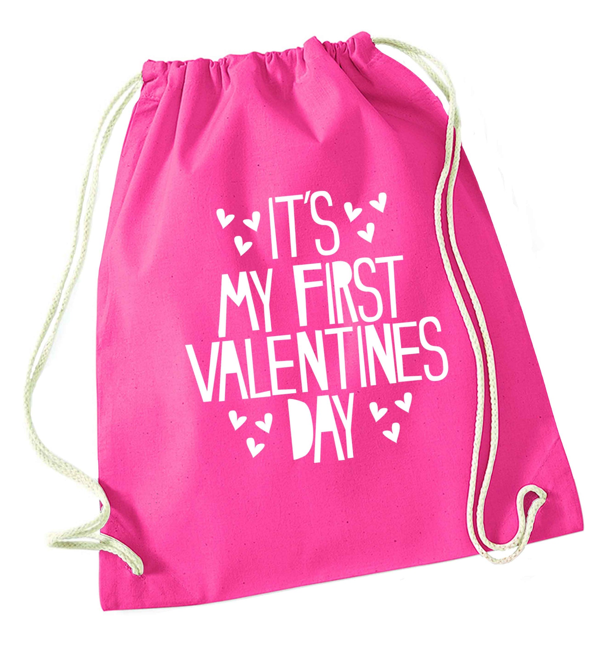 Hearts It's my First Valentine's Day pink drawstring bag
