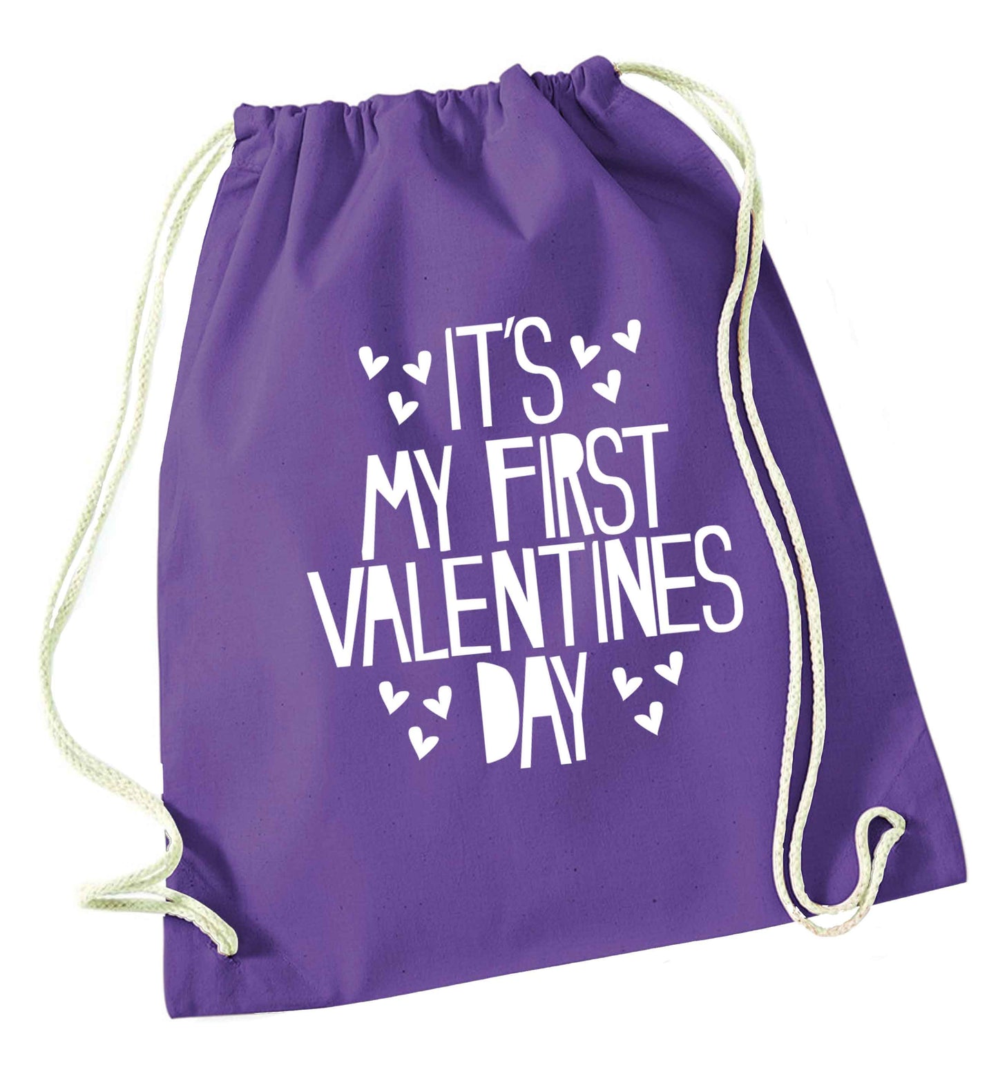 Hearts It's my First Valentine's Day purple drawstring bag