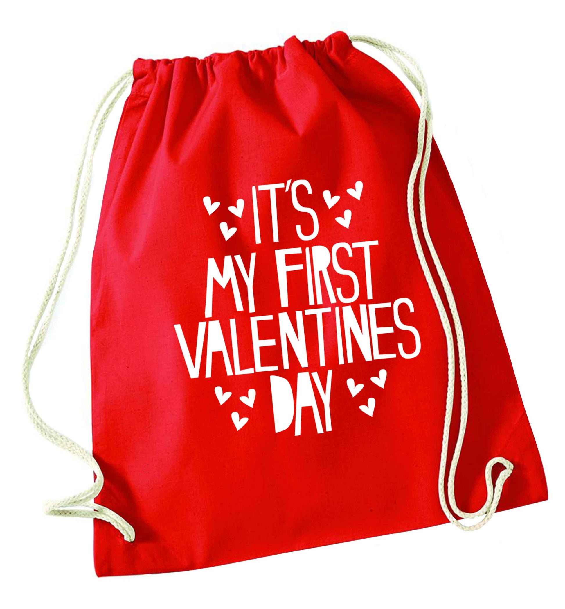 Hearts It's my First Valentine's Day red drawstring bag 