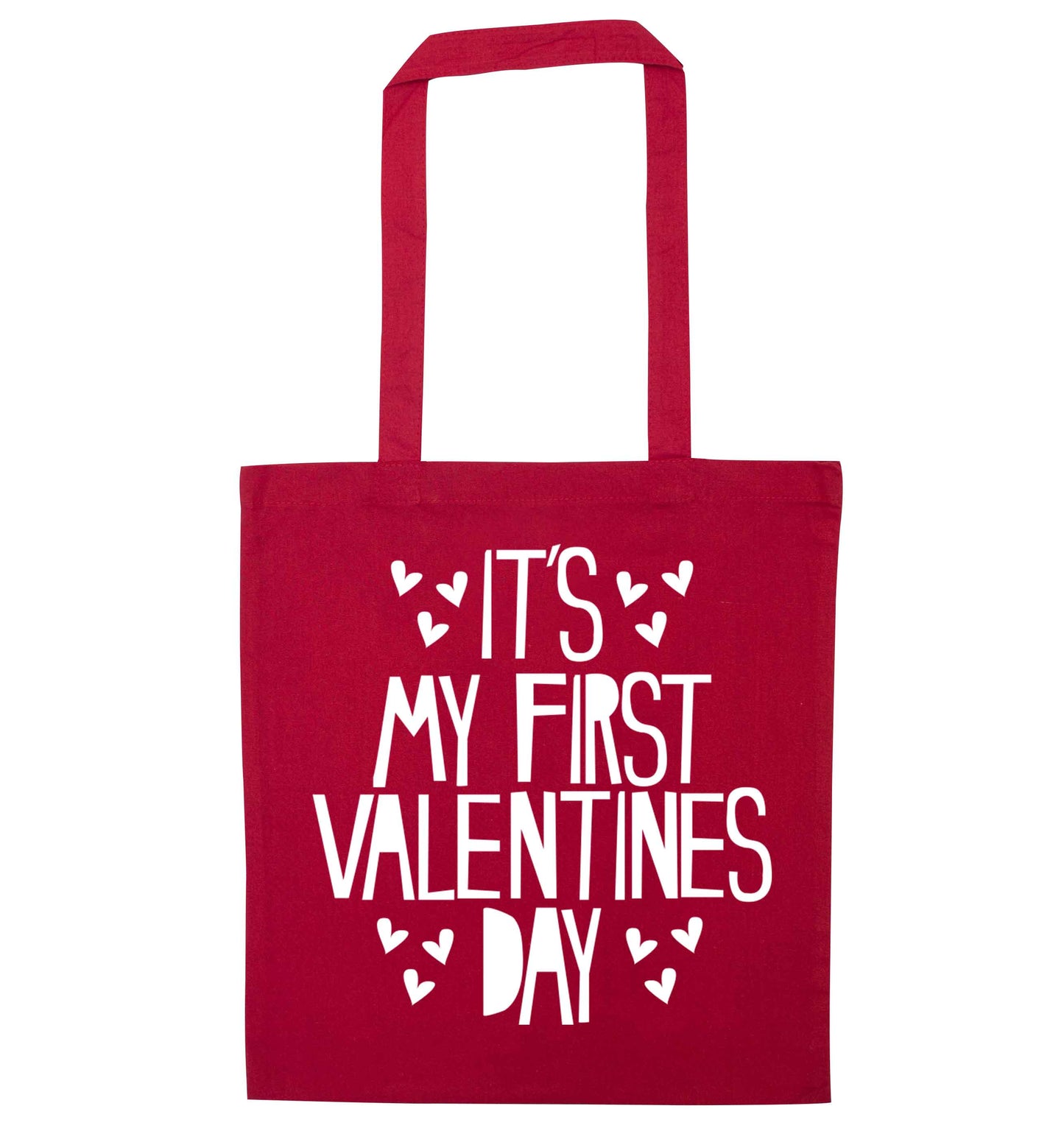 Hearts It's my First Valentine's Day red tote bag