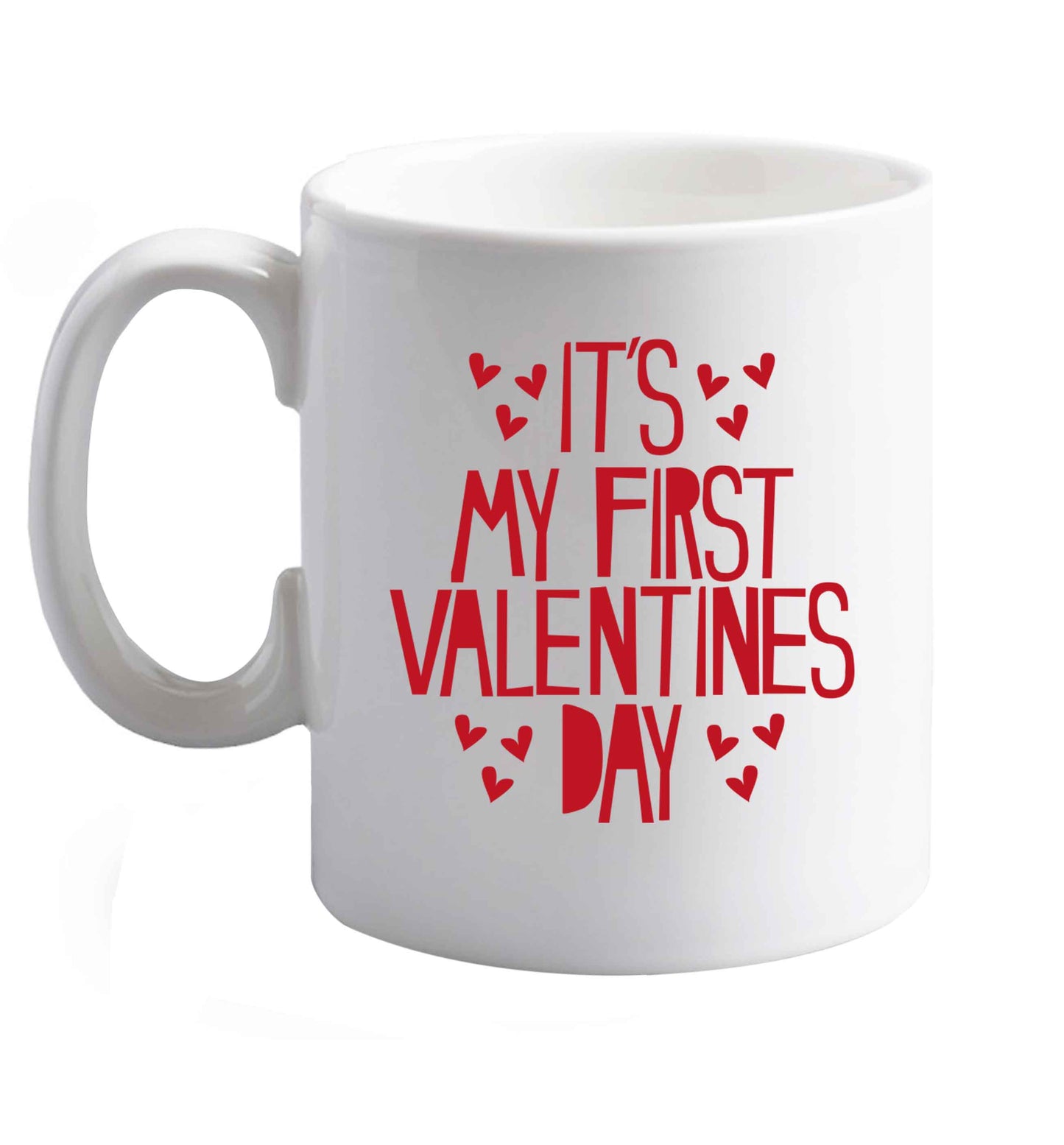 10 oz Hearts It's my First Valentine's Day ceramic mug right handed