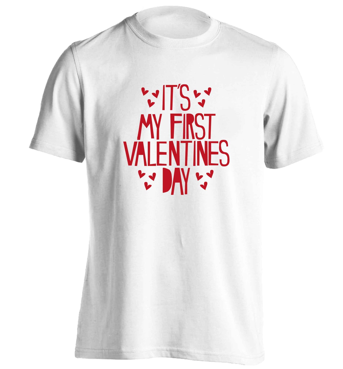Hearts It's my First Valentine's Day adults unisex white Tshirt 2XL