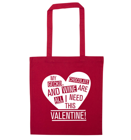 My gecko, chocolate and wine are all I need this valentine! red tote bag