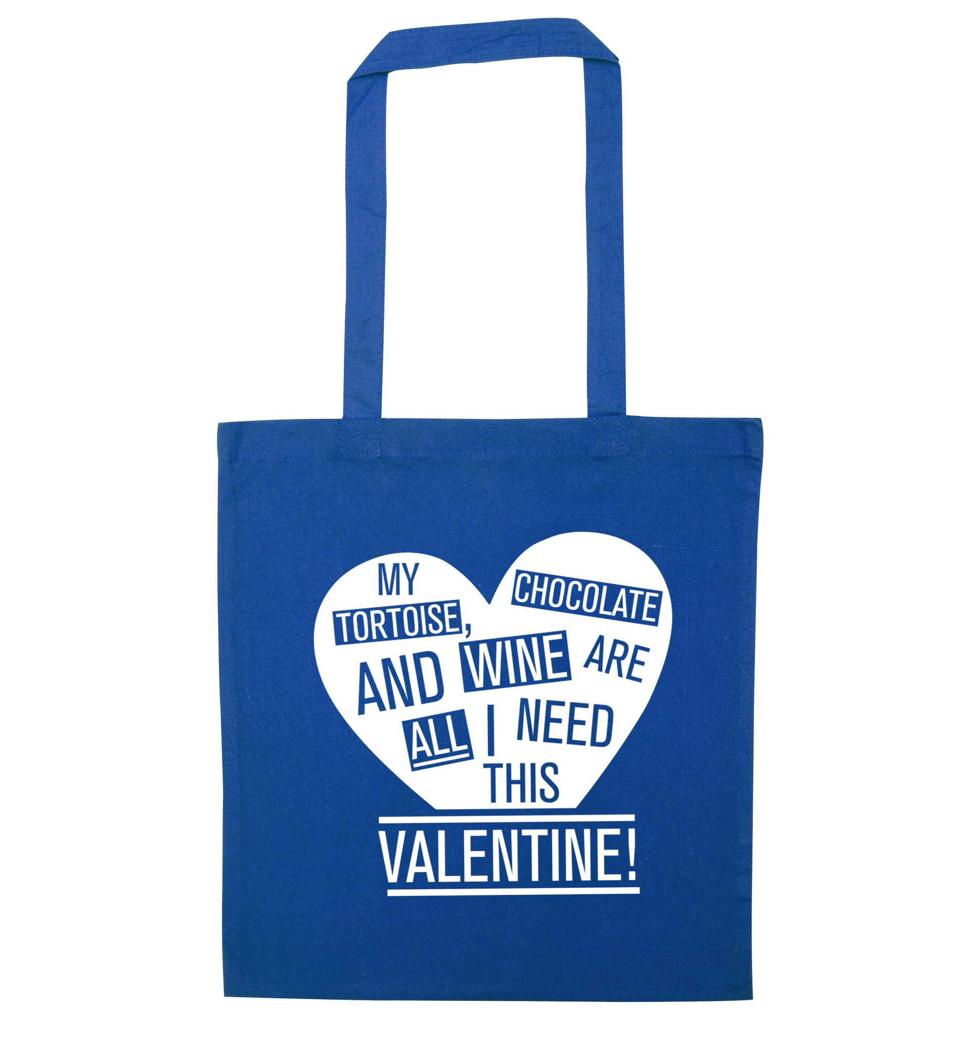 My tortoise, chocolate and wine are all I need this valentine! blue tote bag