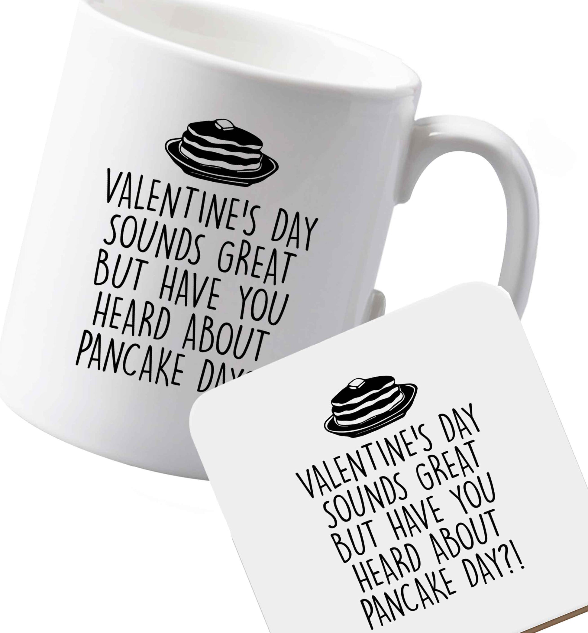 10 oz Ceramic mug and coaster Valentine's Day Great Heard Pancake Day both sides