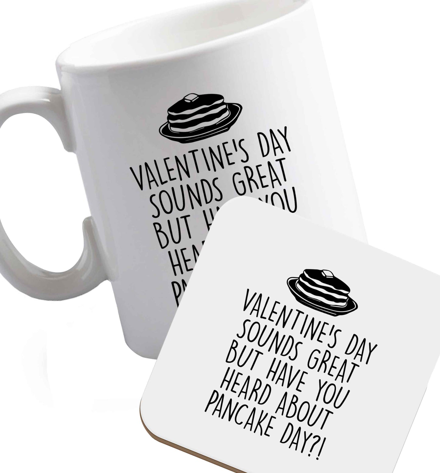 10 oz Valentine's Day Great Heard Pancake Day ceramic mug and coaster set right handed