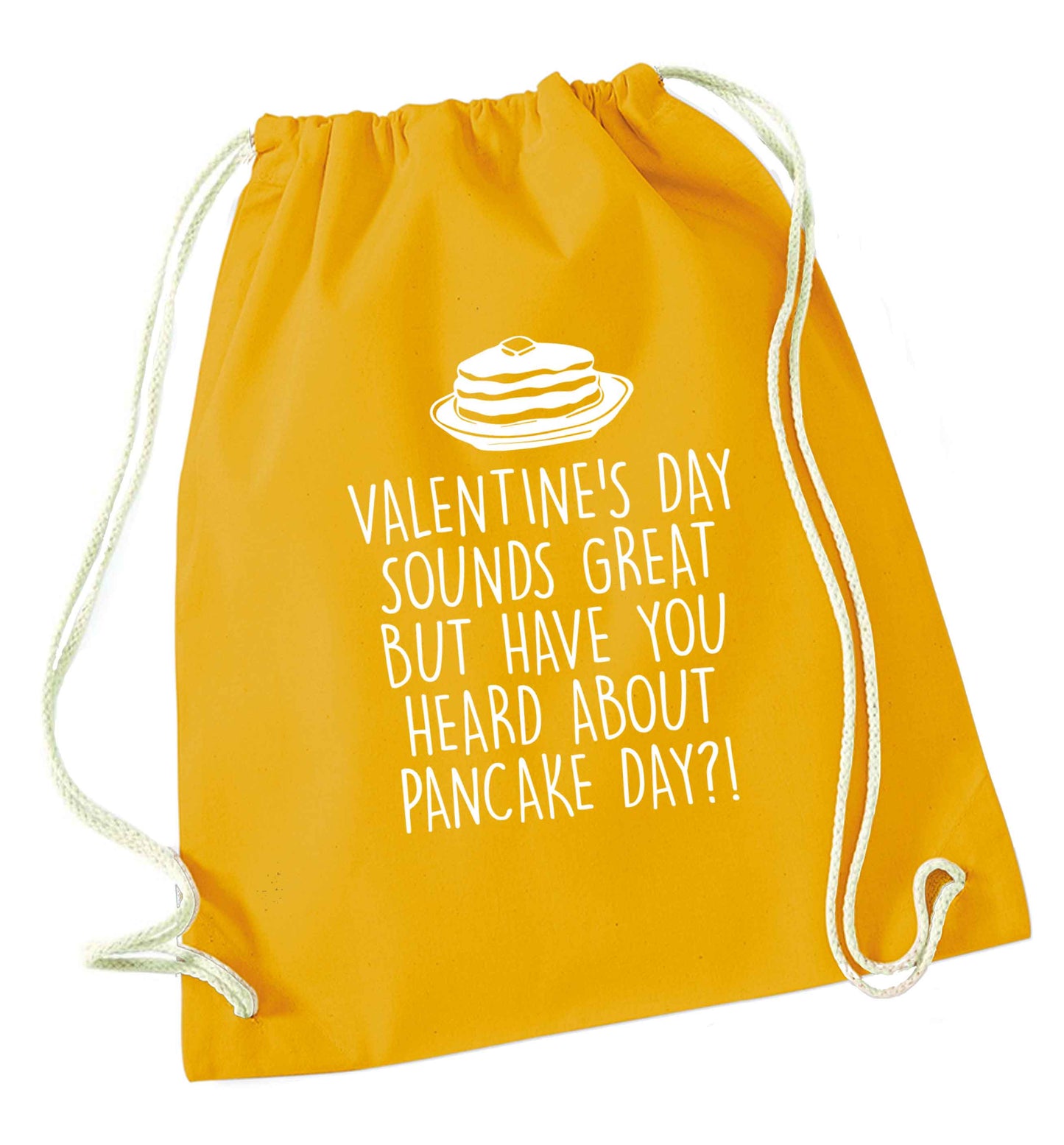 Valentine's day sounds great but have you heard about pancake day?! mustard drawstring bag
