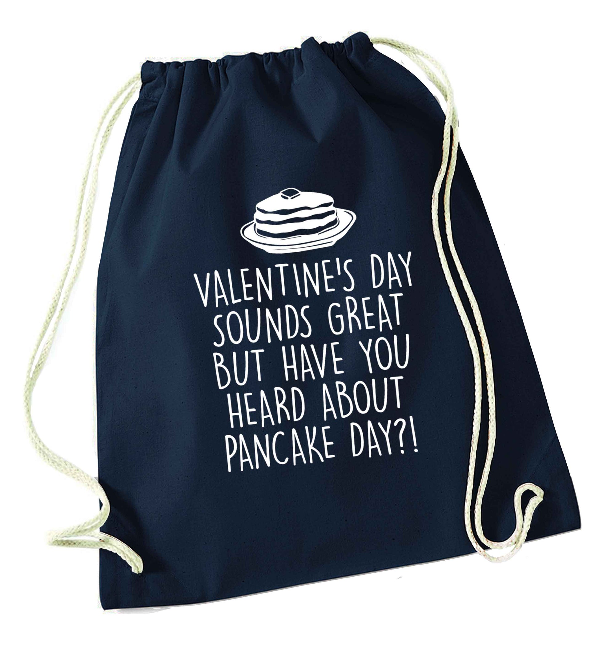 Valentine's day sounds great but have you heard about pancake day?! navy drawstring bag