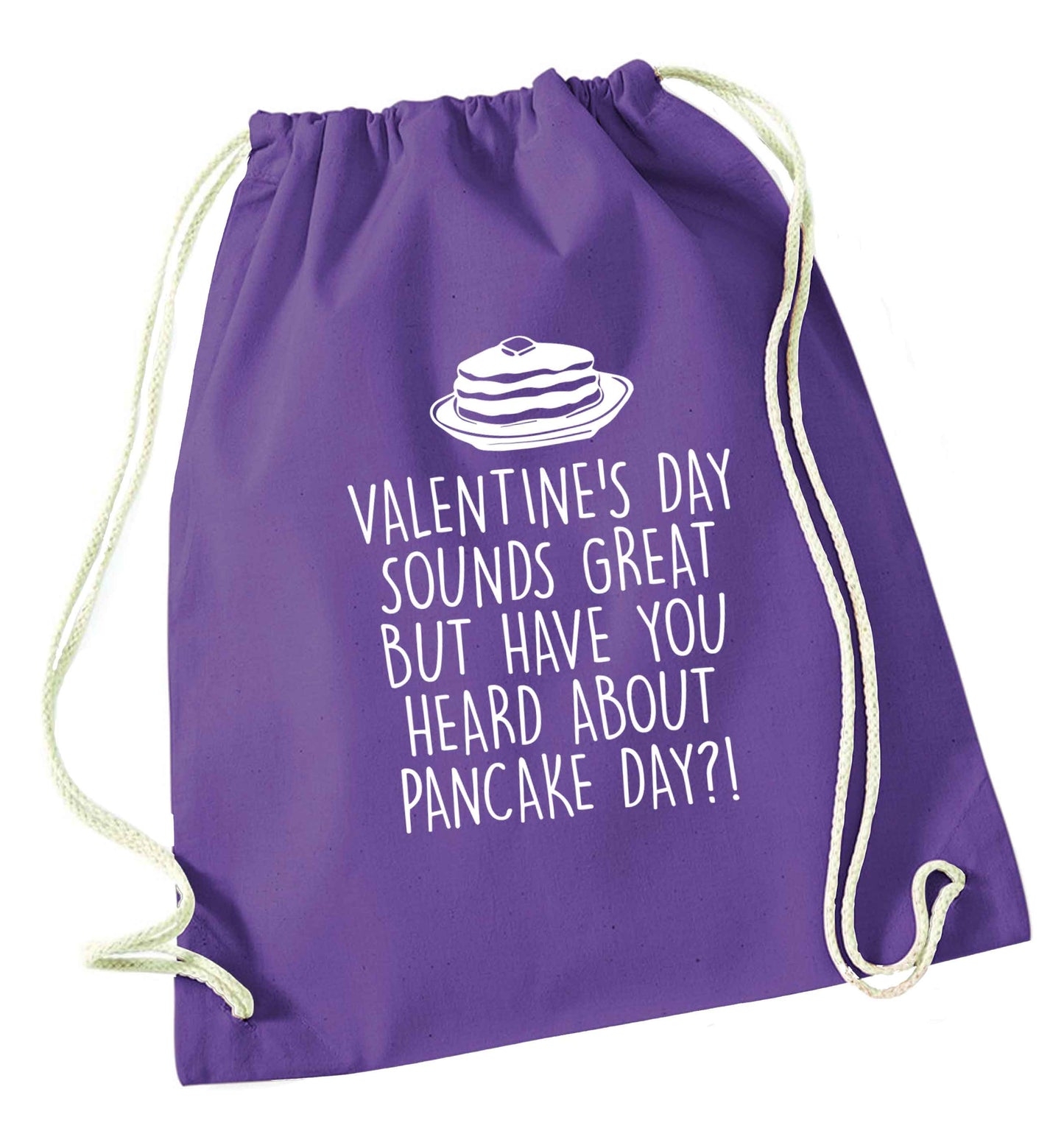 Valentine's day sounds great but have you heard about pancake day?! purple drawstring bag