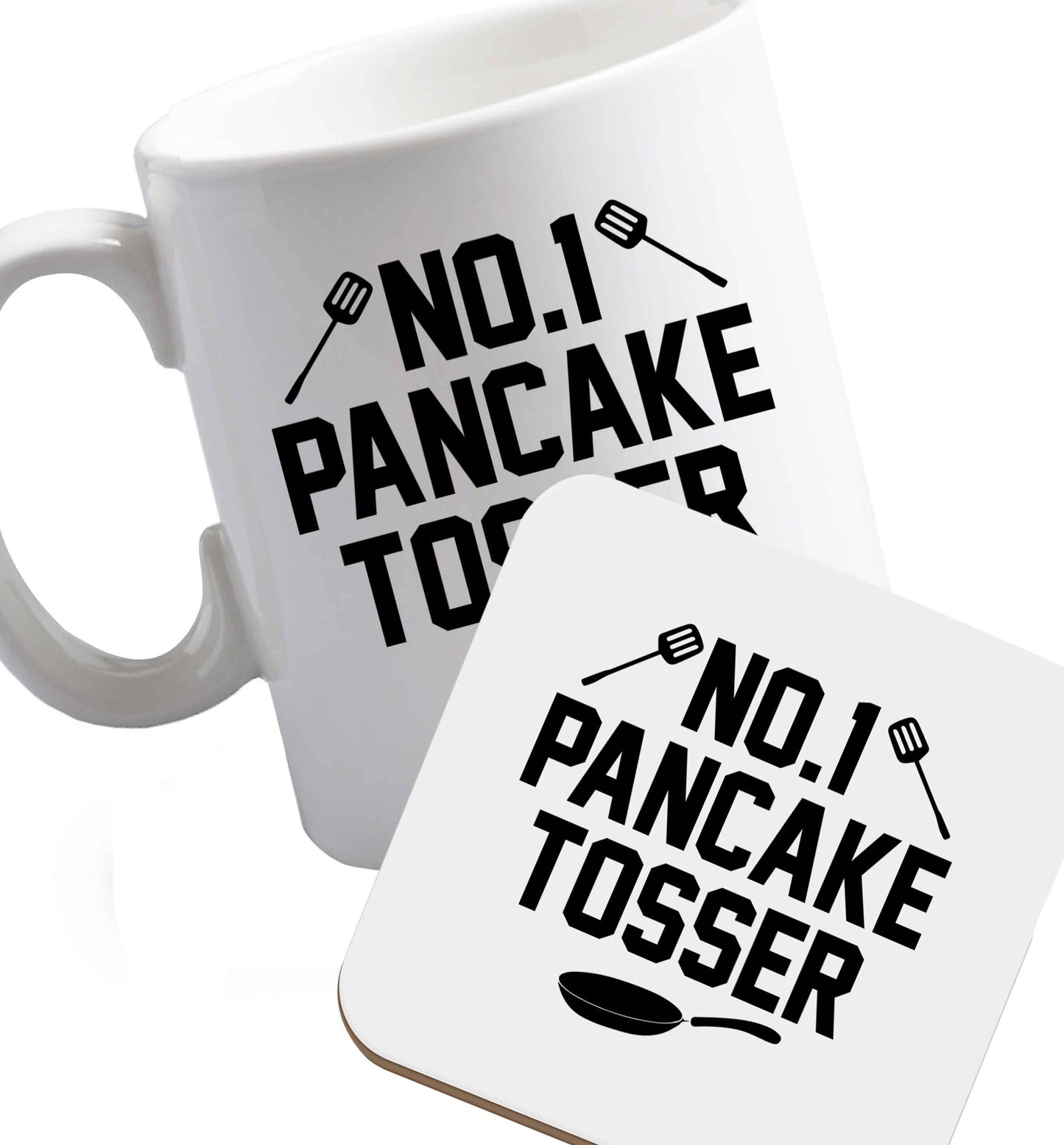 10 oz No.1 Pancake Tosser ceramic mug and coaster set right handed