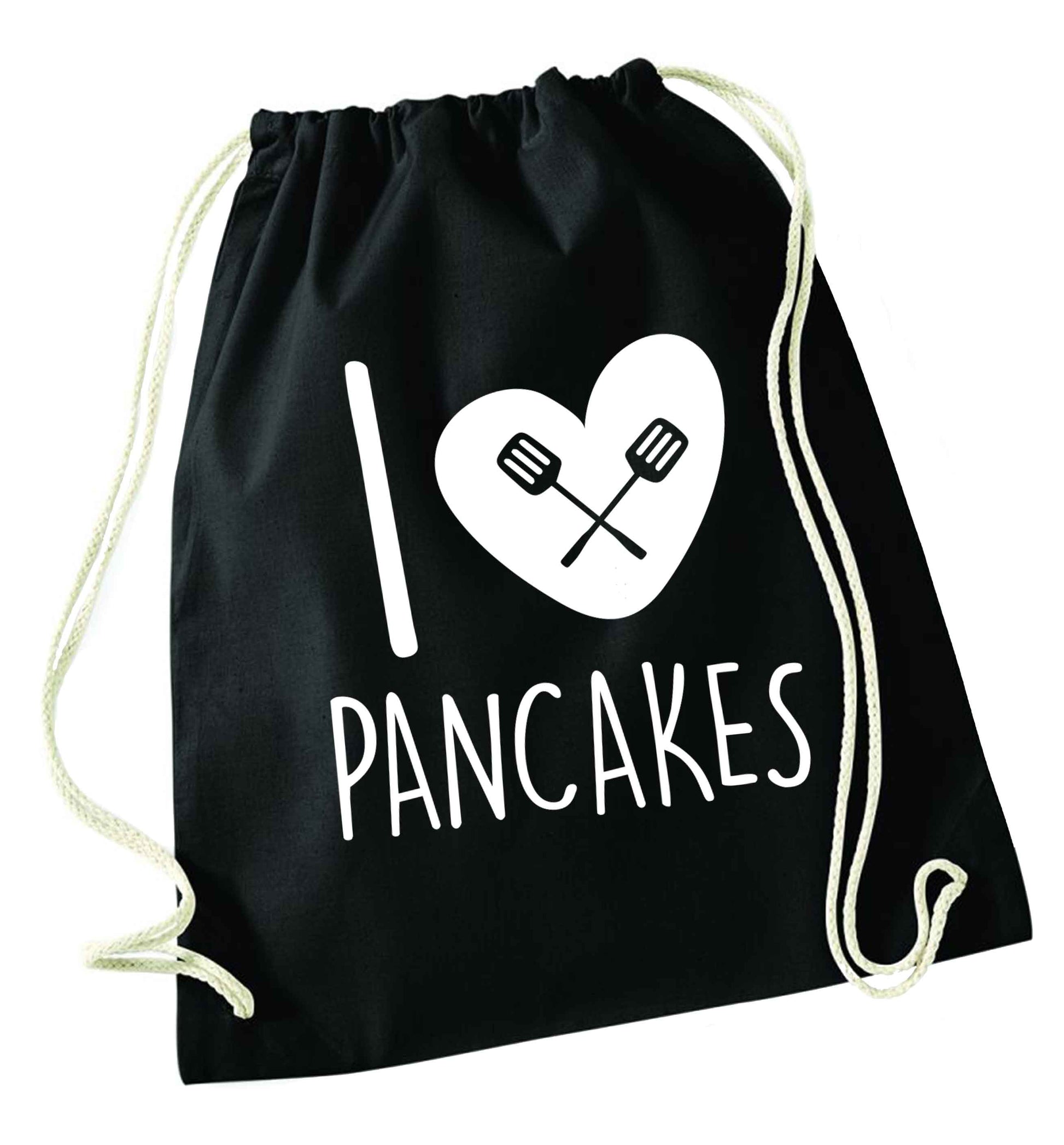 I love pancakes black drawstring bag