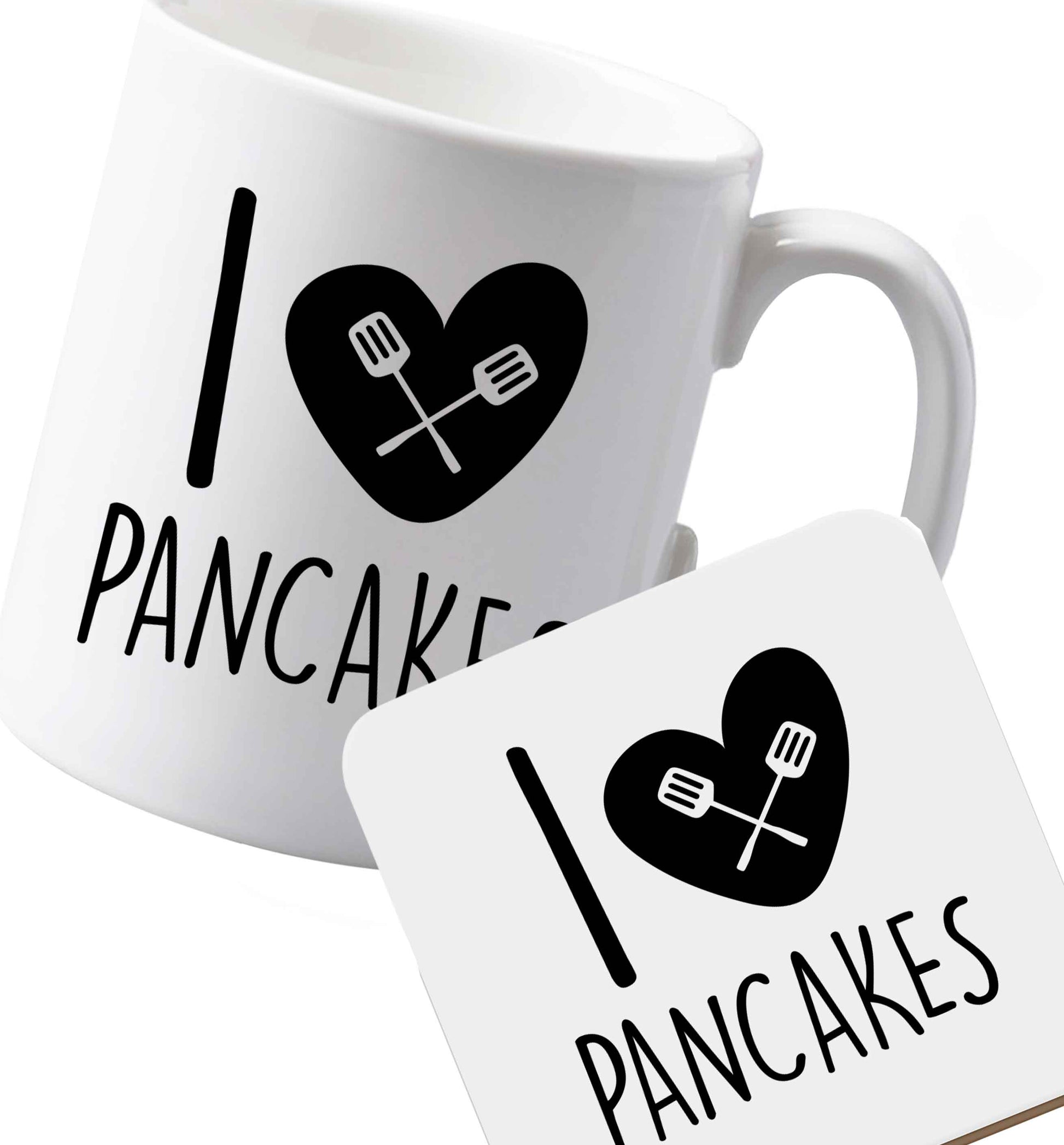 10 oz Ceramic mug and coaster I Love Pancakes both sides
