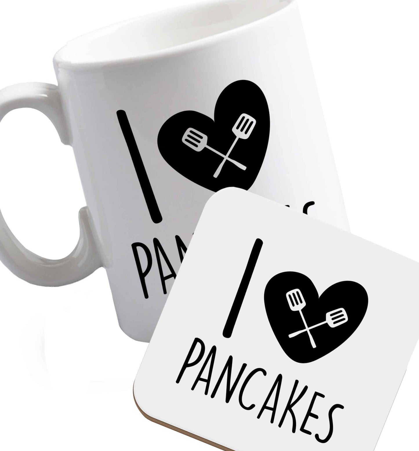 10 oz I Love Pancakes ceramic mug and coaster set right handed