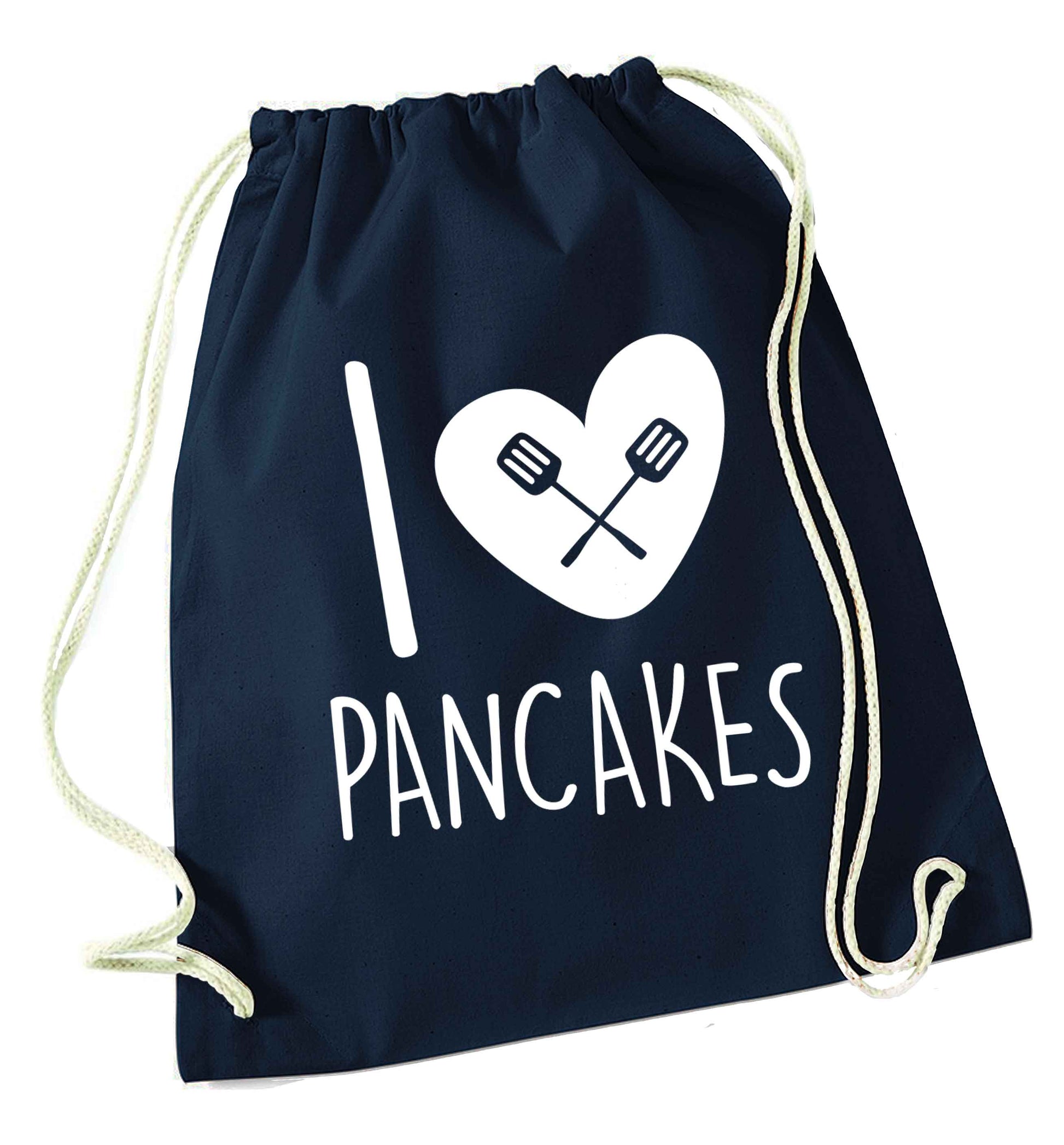 I love pancakes navy drawstring bag