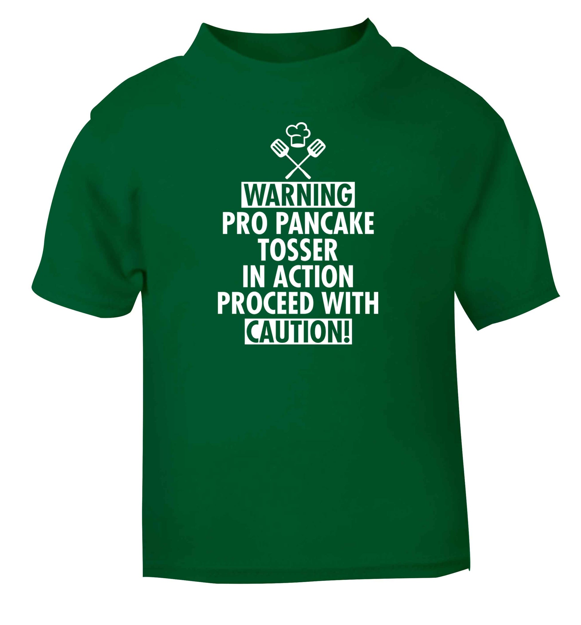 Warning pro pancake tosser in action proceed with caution green baby toddler Tshirt 2 Years