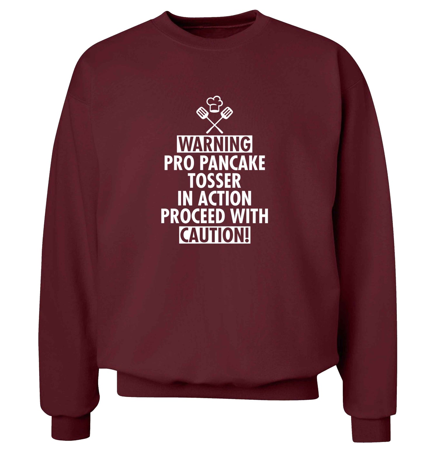 Warning pro pancake tosser in action proceed with caution adult's unisex maroon sweater 2XL