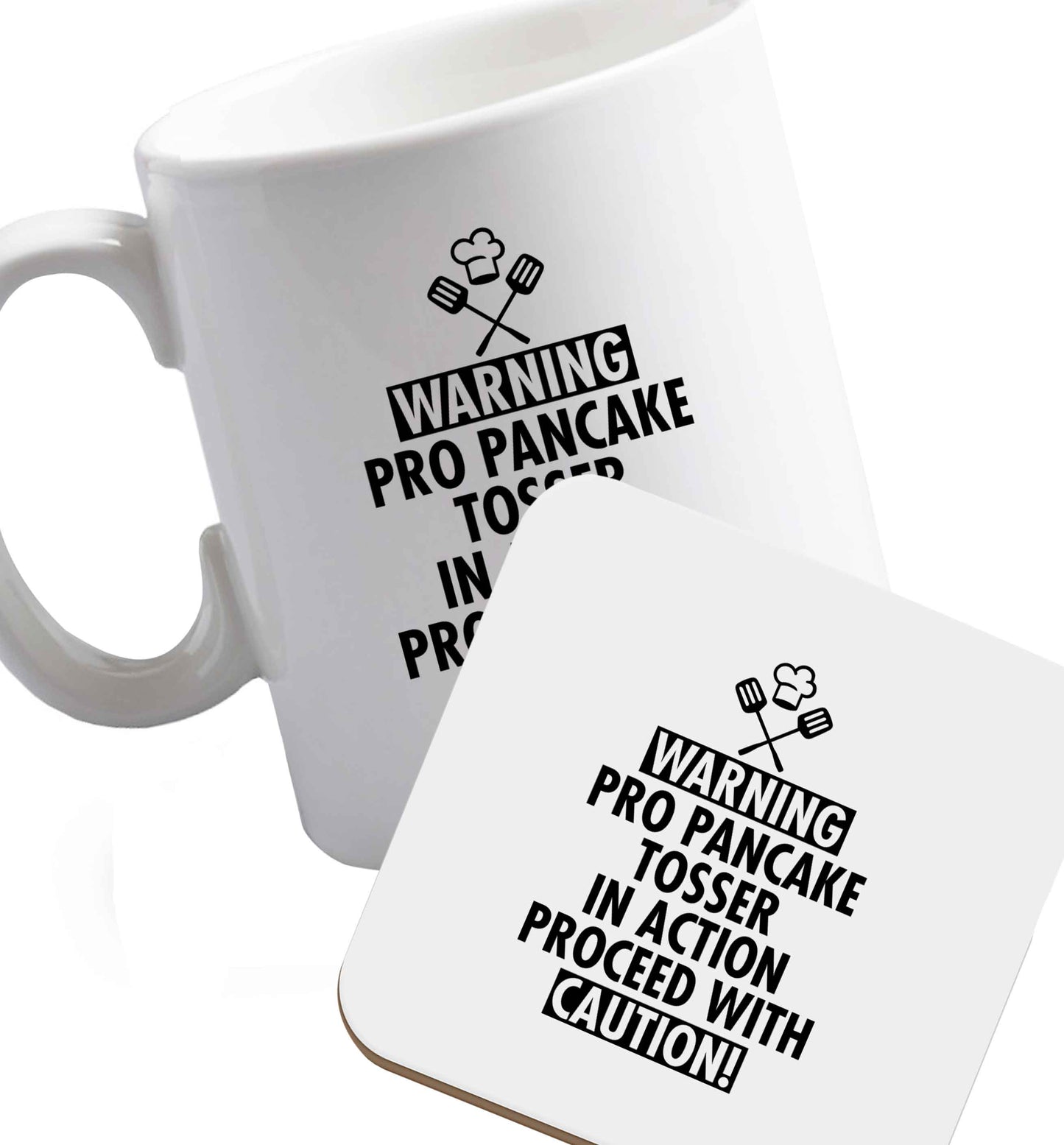 10 oz No.1 Pancake Tosser ceramic mug and coaster set right handed