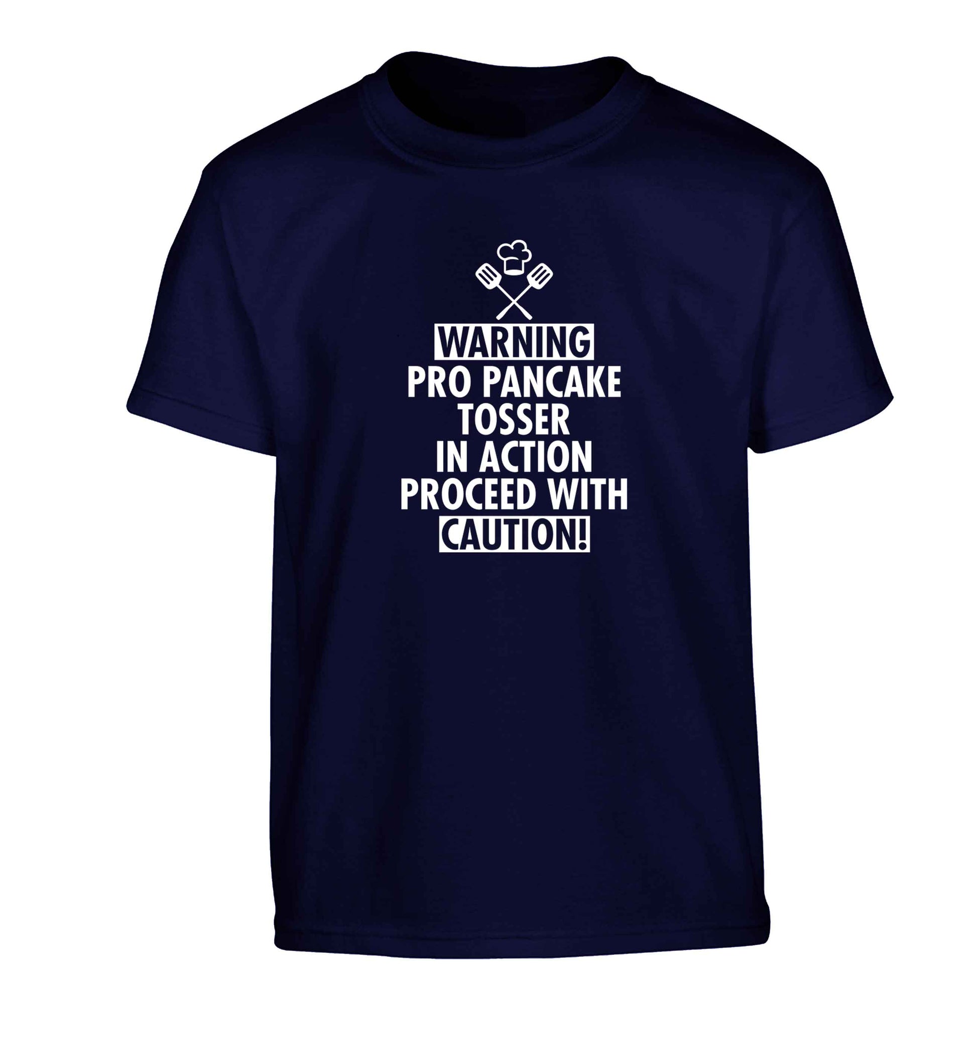Warning pro pancake tosser in action proceed with caution Children's navy Tshirt 12-13 Years