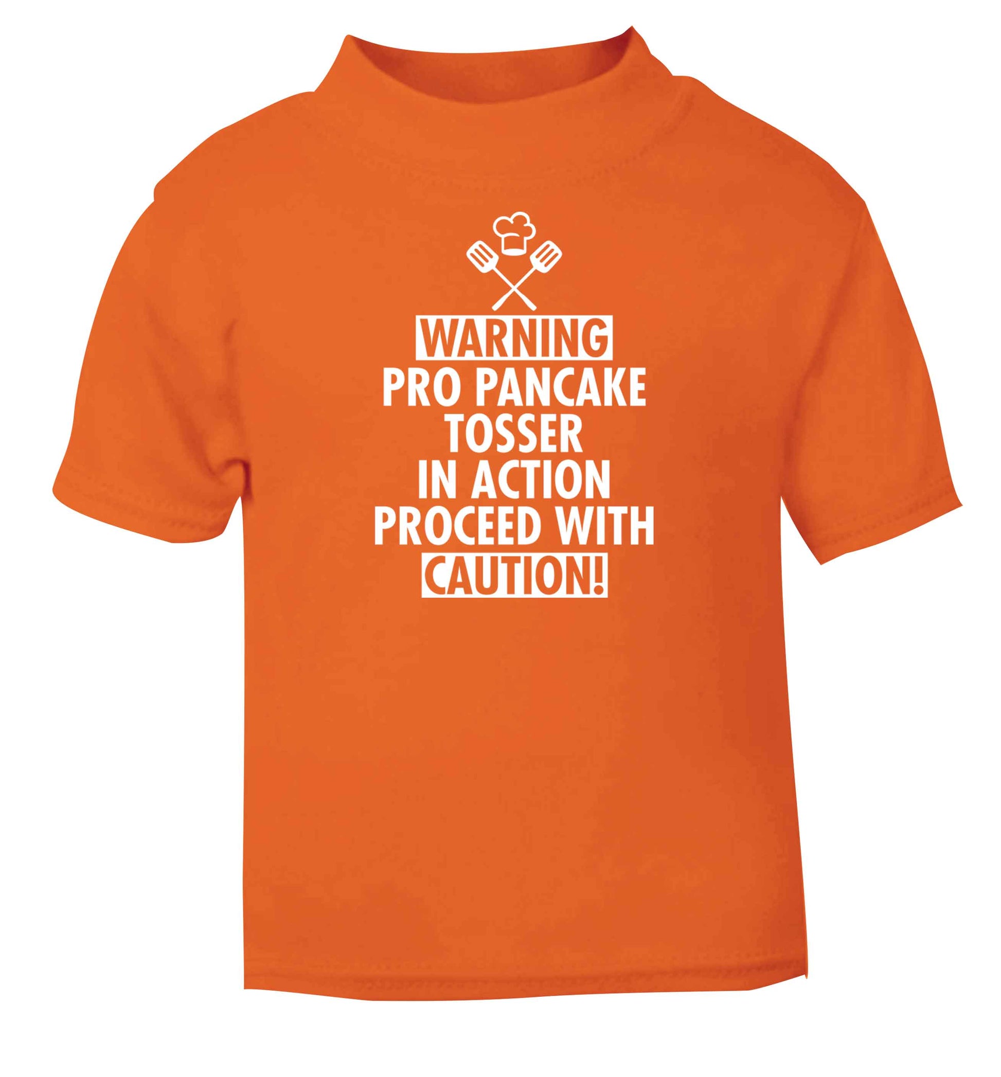 Warning pro pancake tosser in action proceed with caution orange baby toddler Tshirt 2 Years