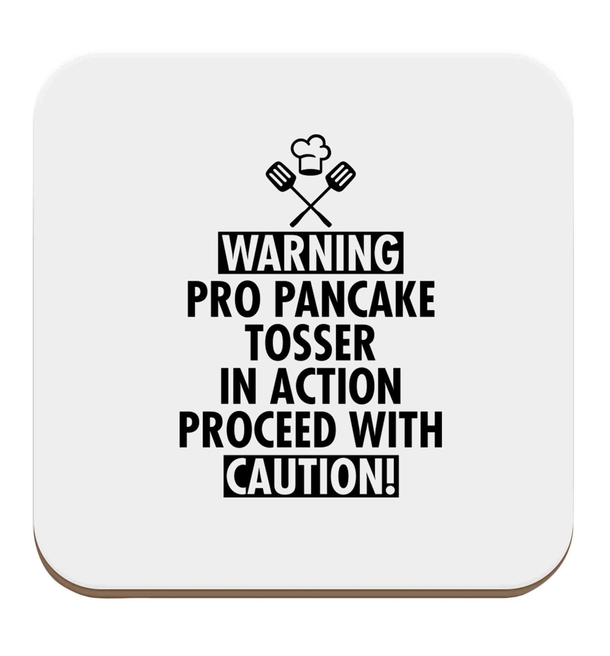 Warning pro pancake tosser in action proceed with caution set of four coasters