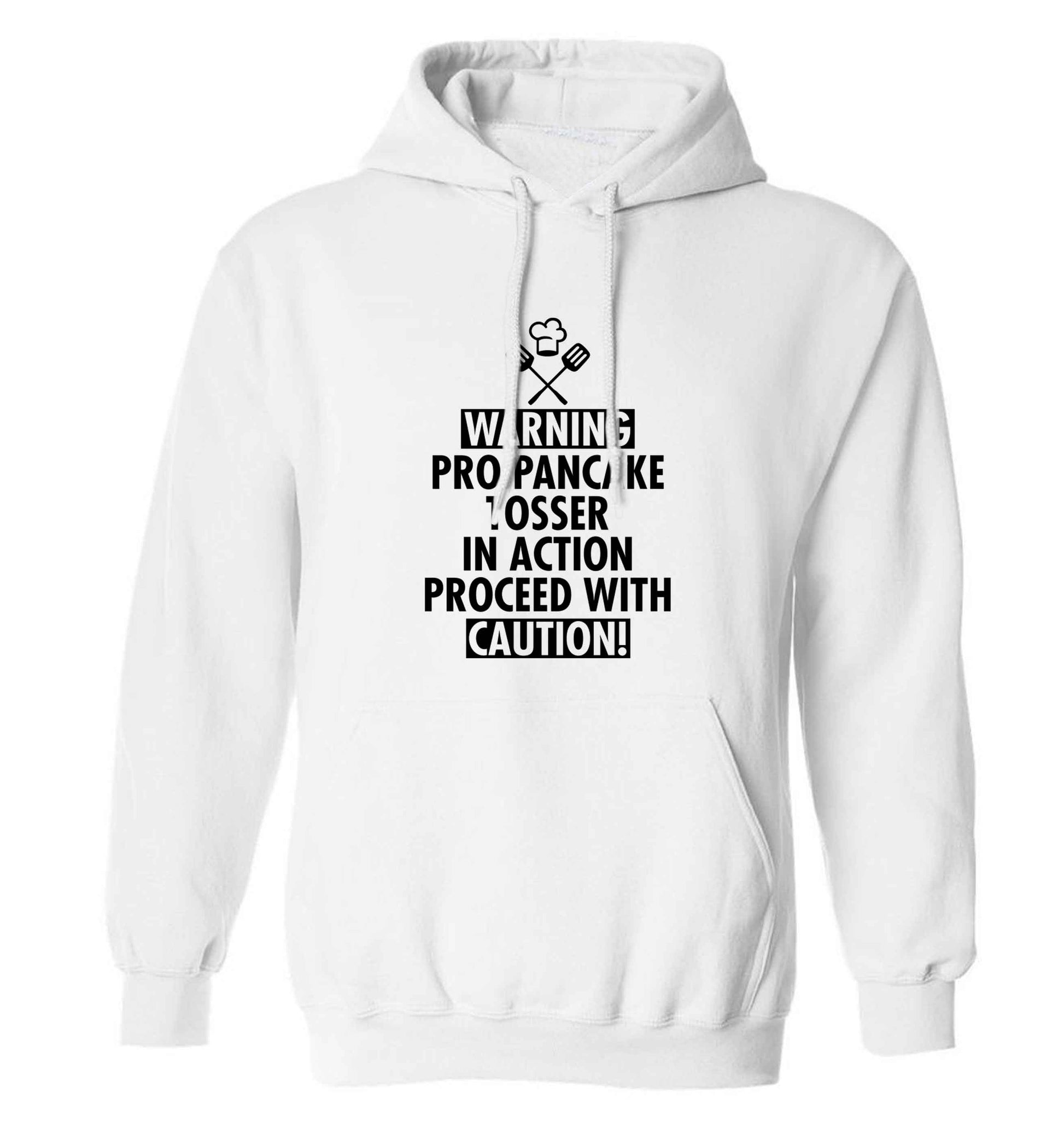 Warning pro pancake tosser in action proceed with caution adults unisex white hoodie 2XL