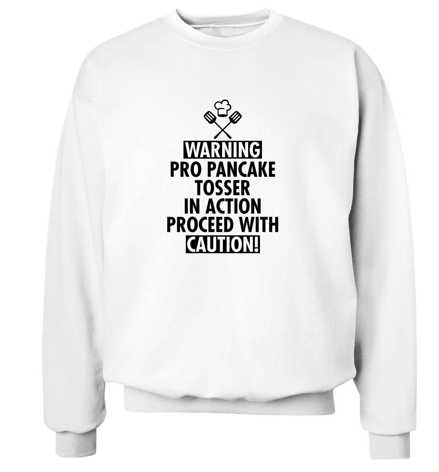 Warning pro pancake tosser in action proceed with caution adult's unisex white sweater 2XL