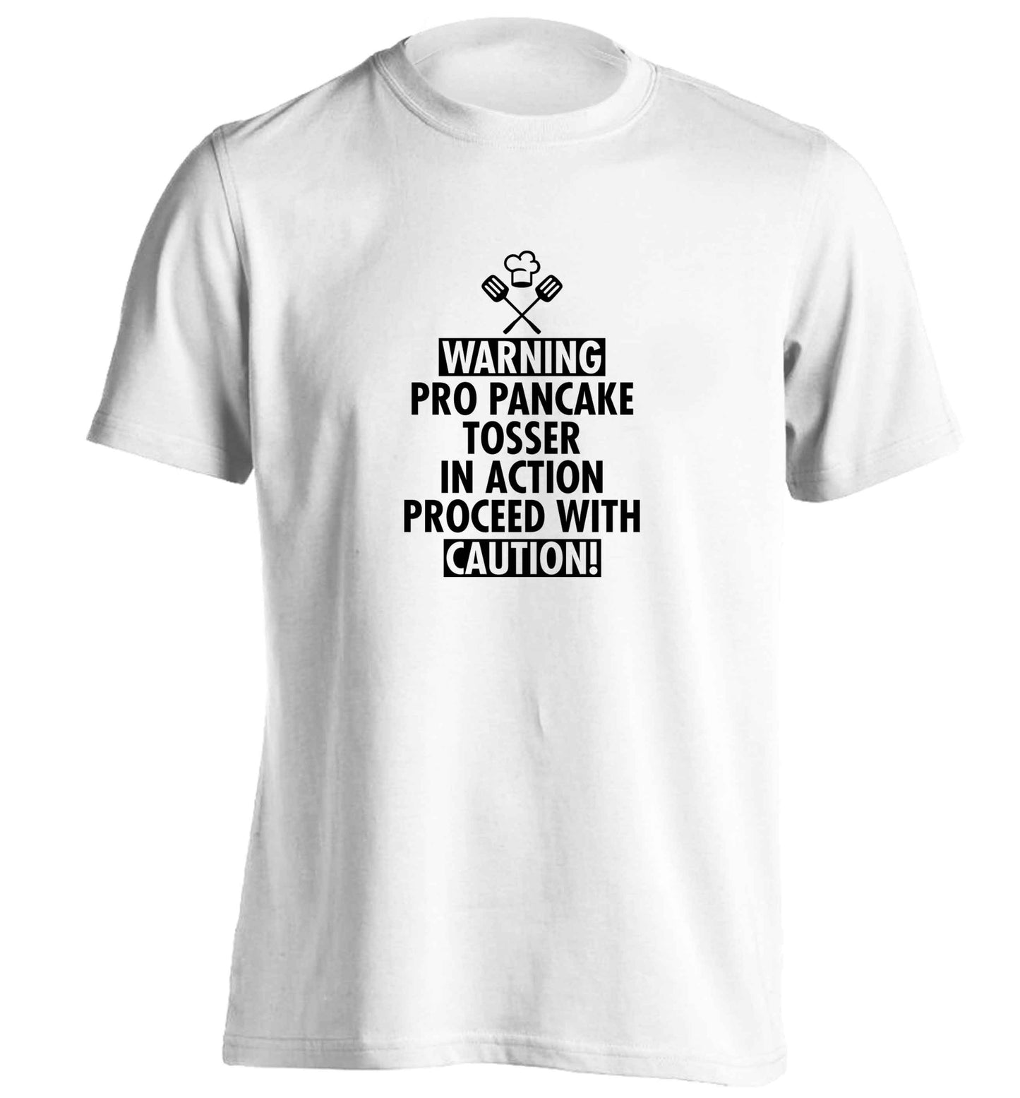 Warning pro pancake tosser in action proceed with caution adults unisex white Tshirt 2XL