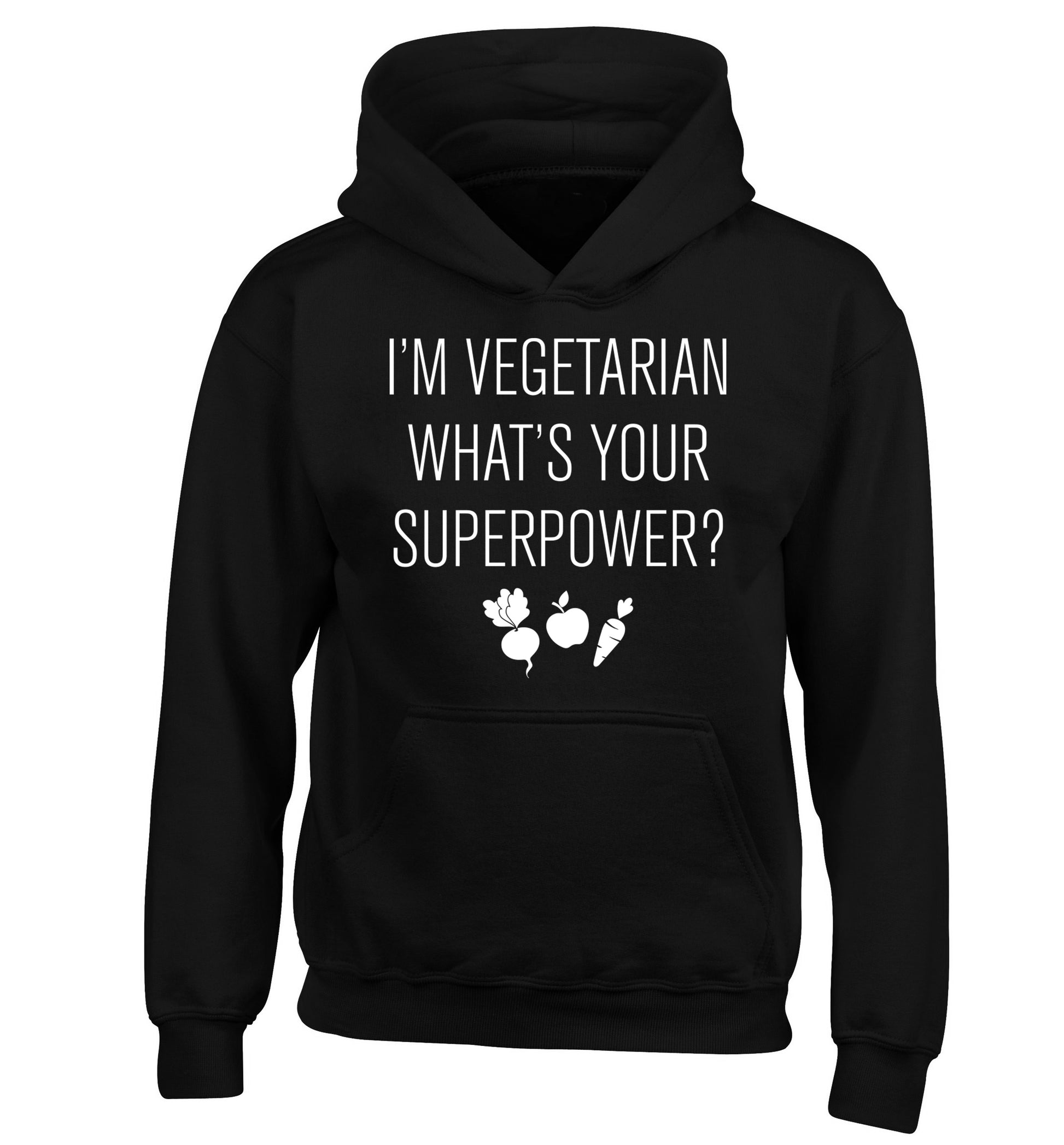I'm vegetarian what's your superpower? children's black hoodie 12-13 Years