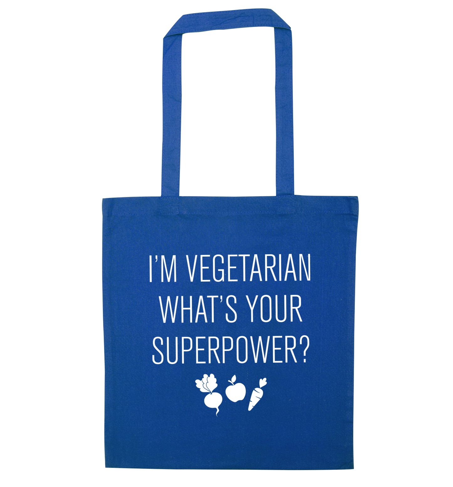 I'm vegetarian what's your superpower? blue tote bag