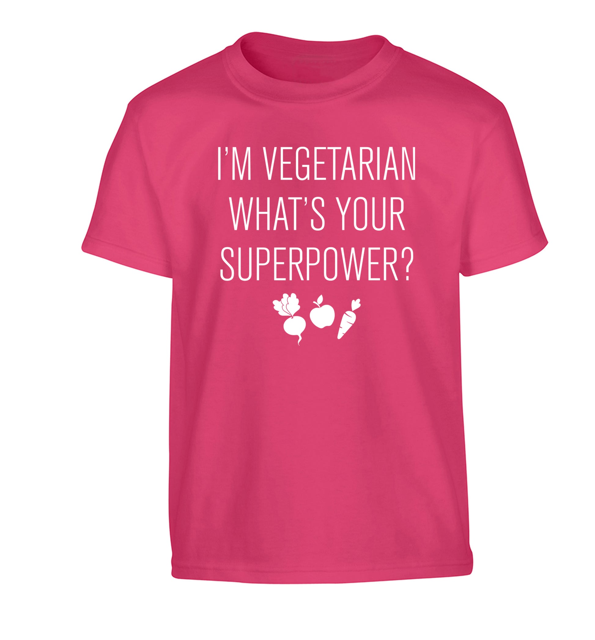 I'm vegetarian what's your superpower? Children's pink Tshirt 12-13 Years