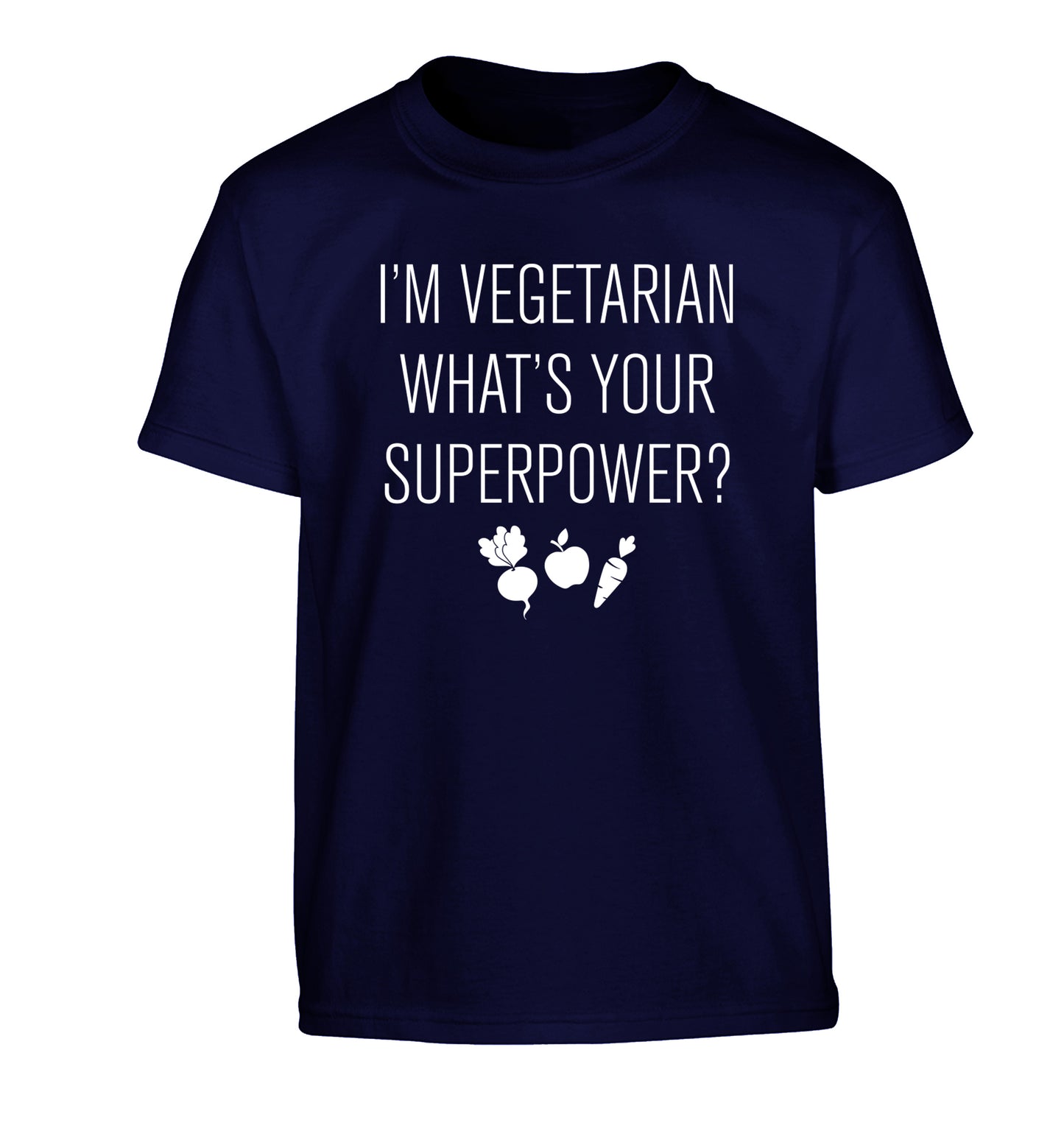 I'm vegetarian what's your superpower? Children's navy Tshirt 12-13 Years