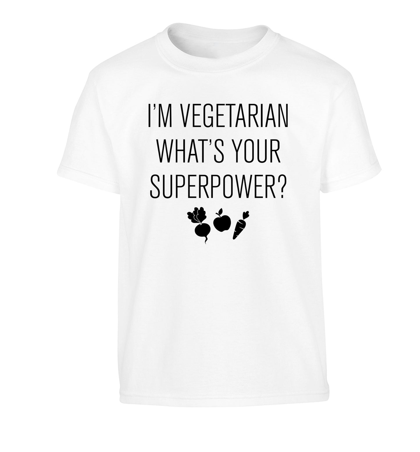 I'm vegetarian what's your superpower? Children's white Tshirt 12-13 Years