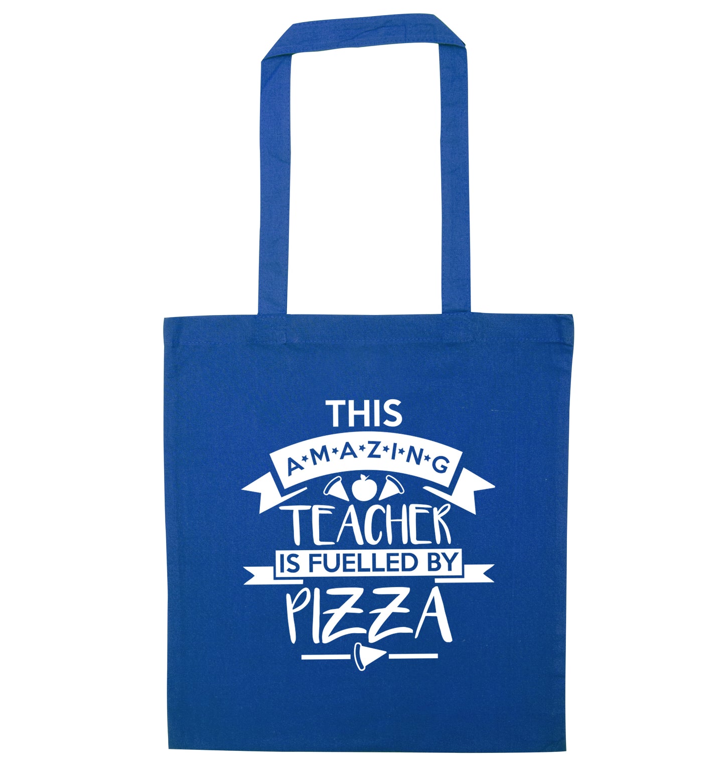 This amazing teacher is fuelled by pizza blue tote bag